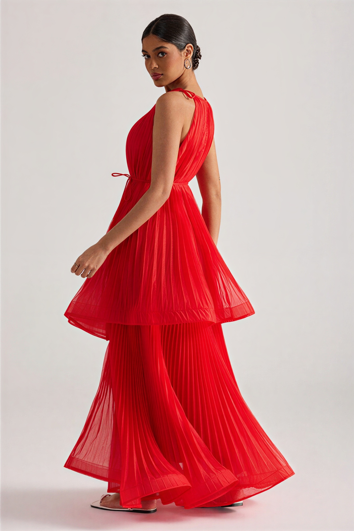 Solid Pleated Tie-Up Maxi Dress