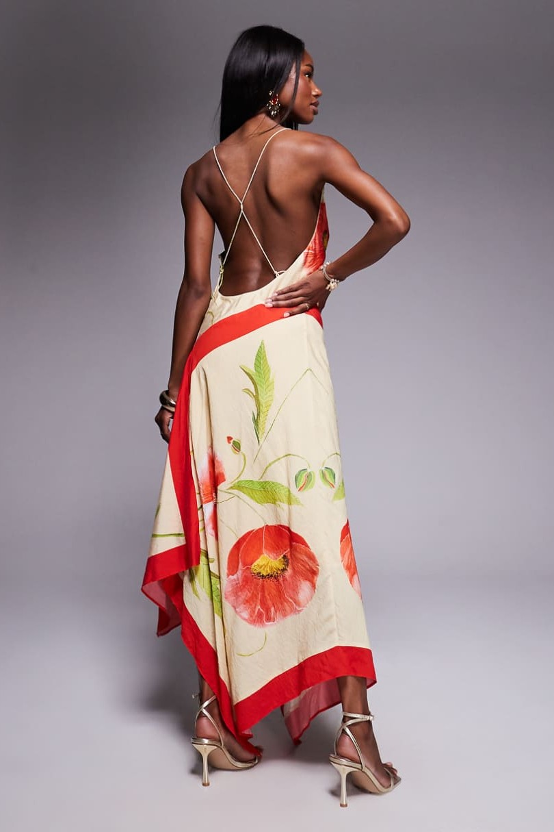 Floral Swing Collar Backless Midi Dress
