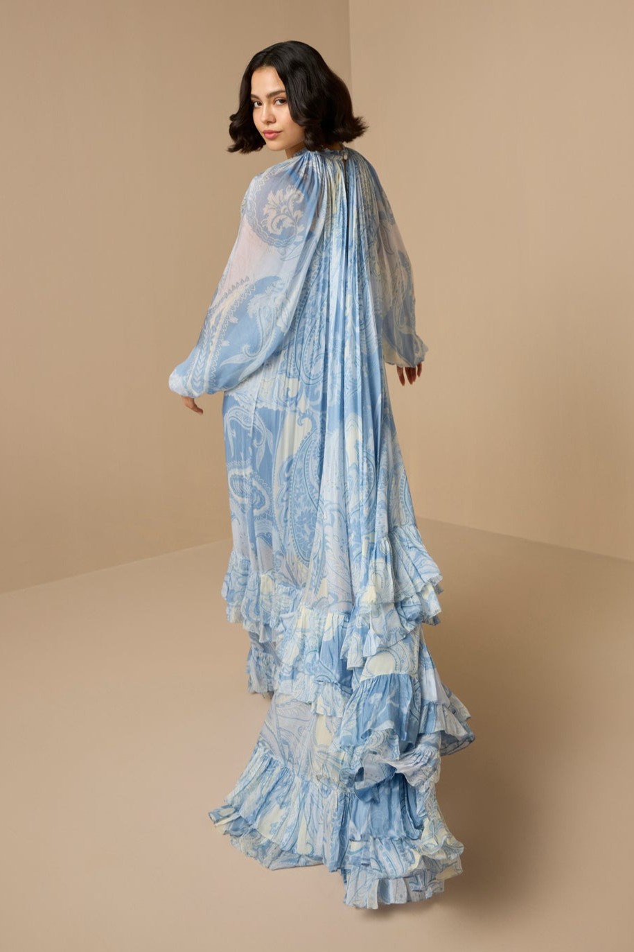 Paisley Print Ruffle Lantern Sleeve Maxi Dress
