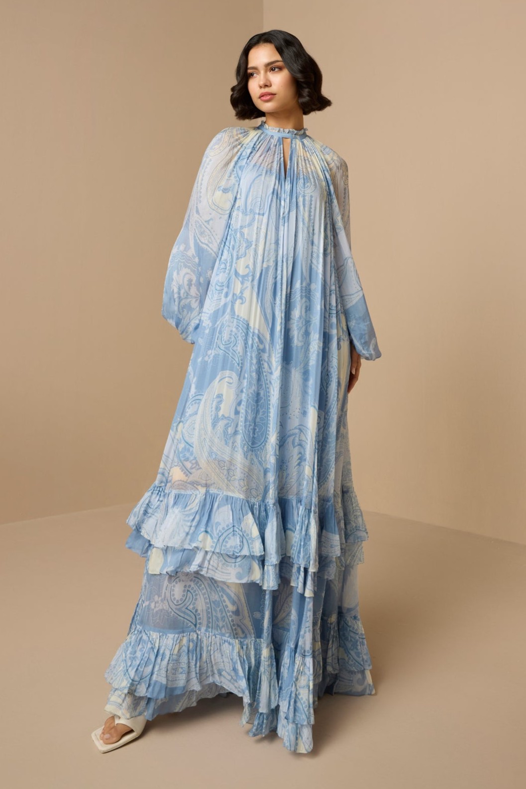 Paisley Print Ruffle Lantern Sleeve Maxi Dress