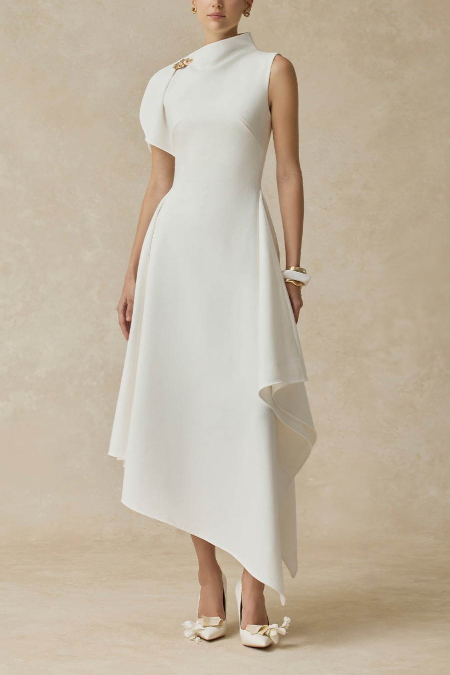 Metal Decorations  Asymmetrical Neck Midi Dress