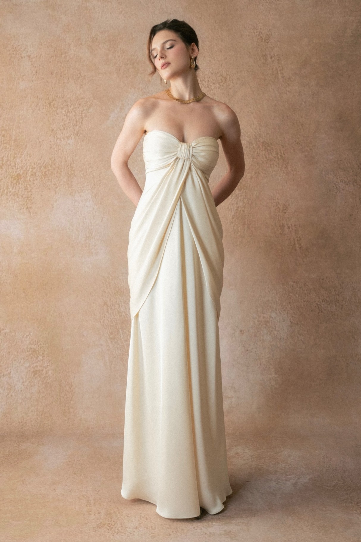 Satin Bow Gathering Midi Dress