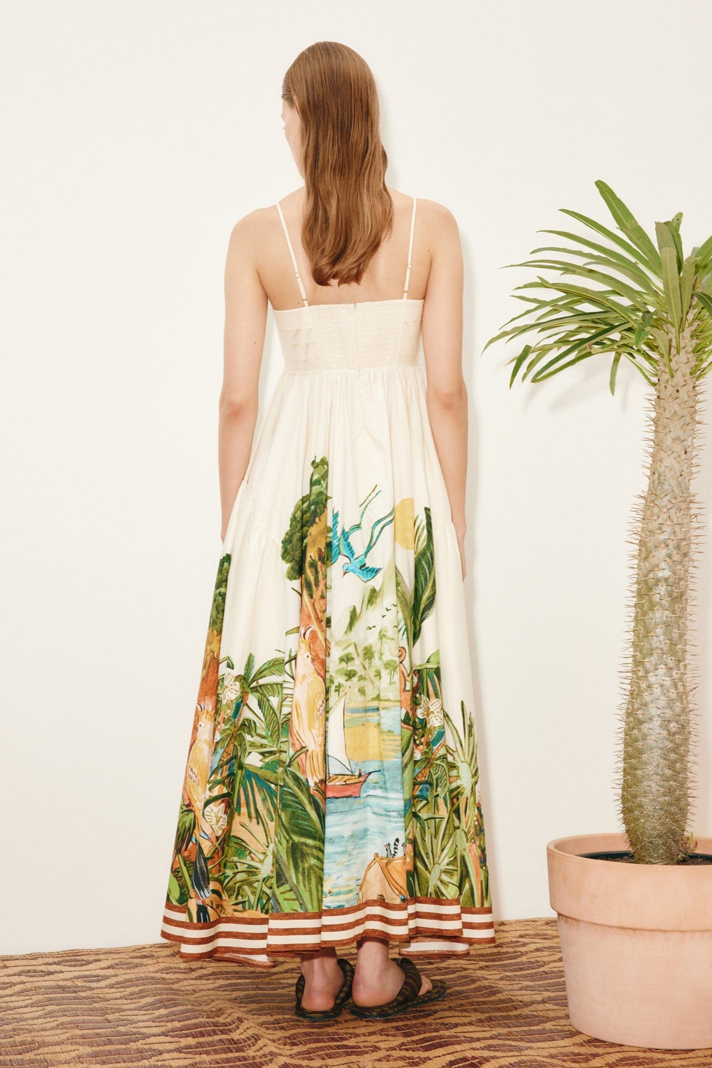 Botanical Print  Pleated Smocking Midi Dress