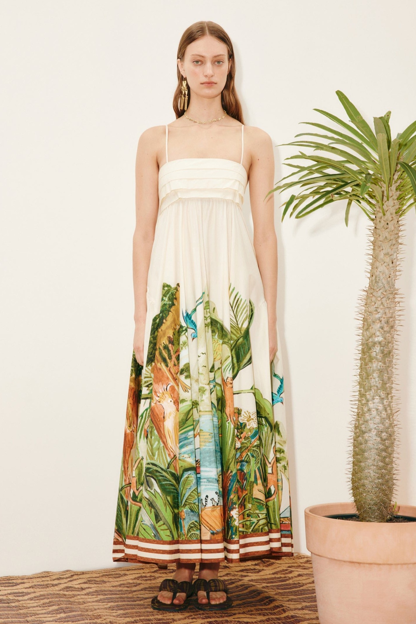 Botanical Print  Pleated Smocking Midi Dress