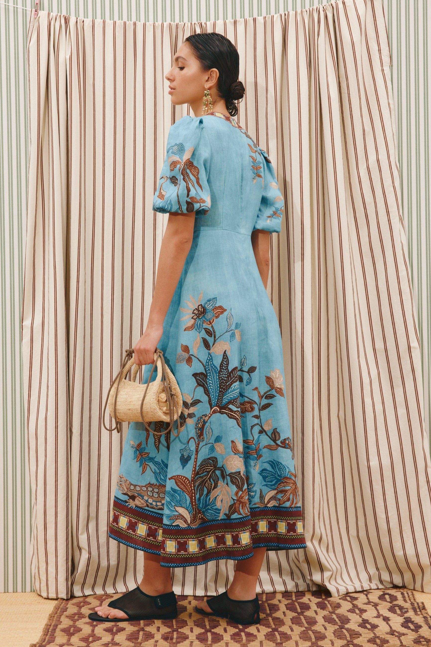 Botanical Print Round Neck Midi Dress