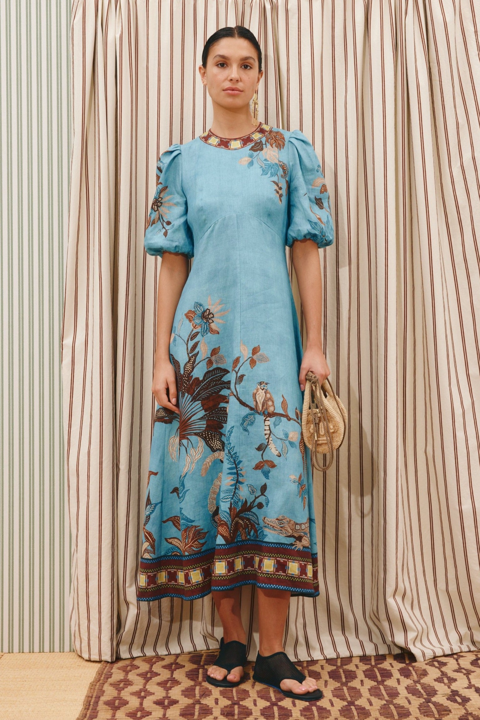 Botanical Print Round Neck Midi Dress