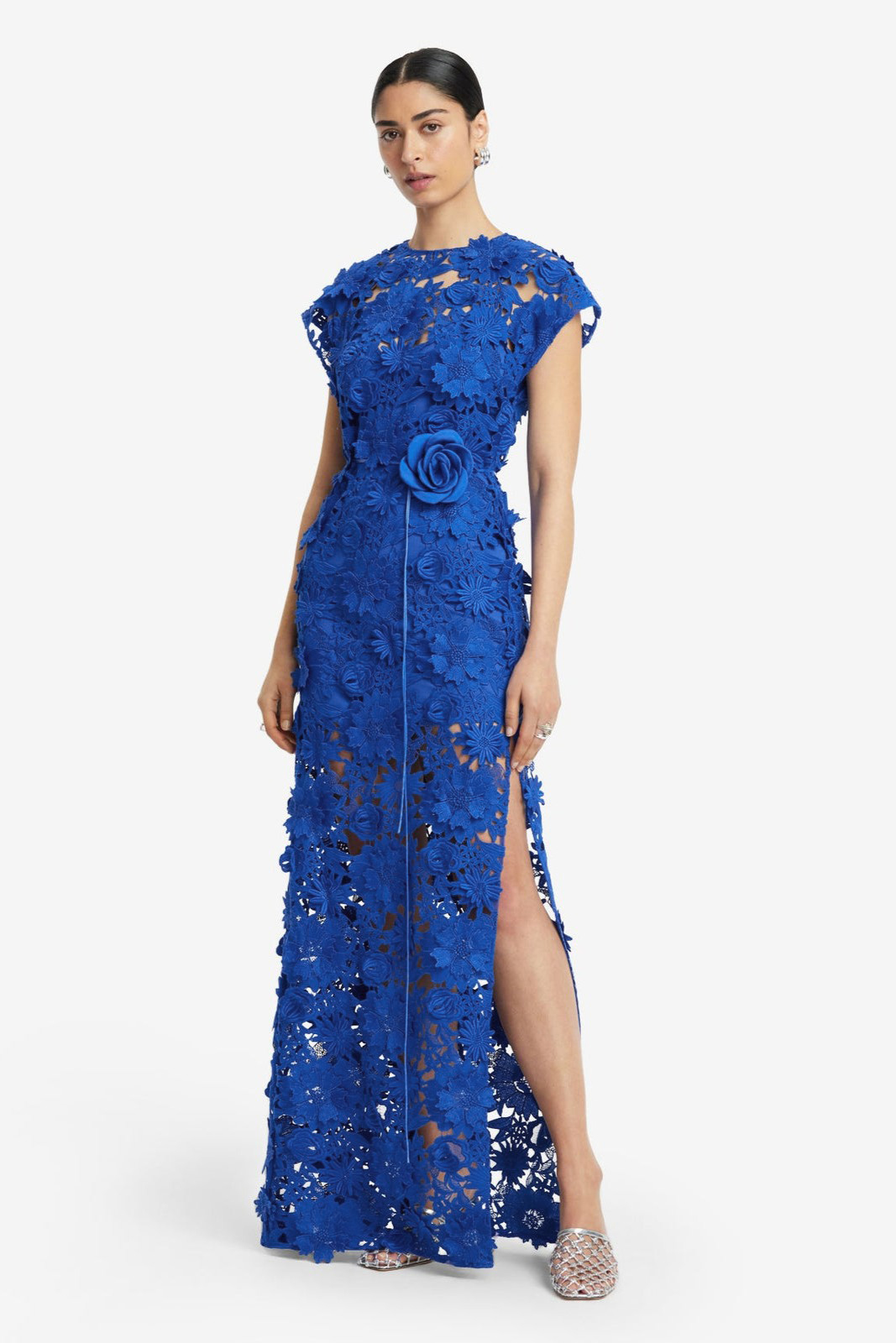 3D Flower Lace Round Neck Midi Dress