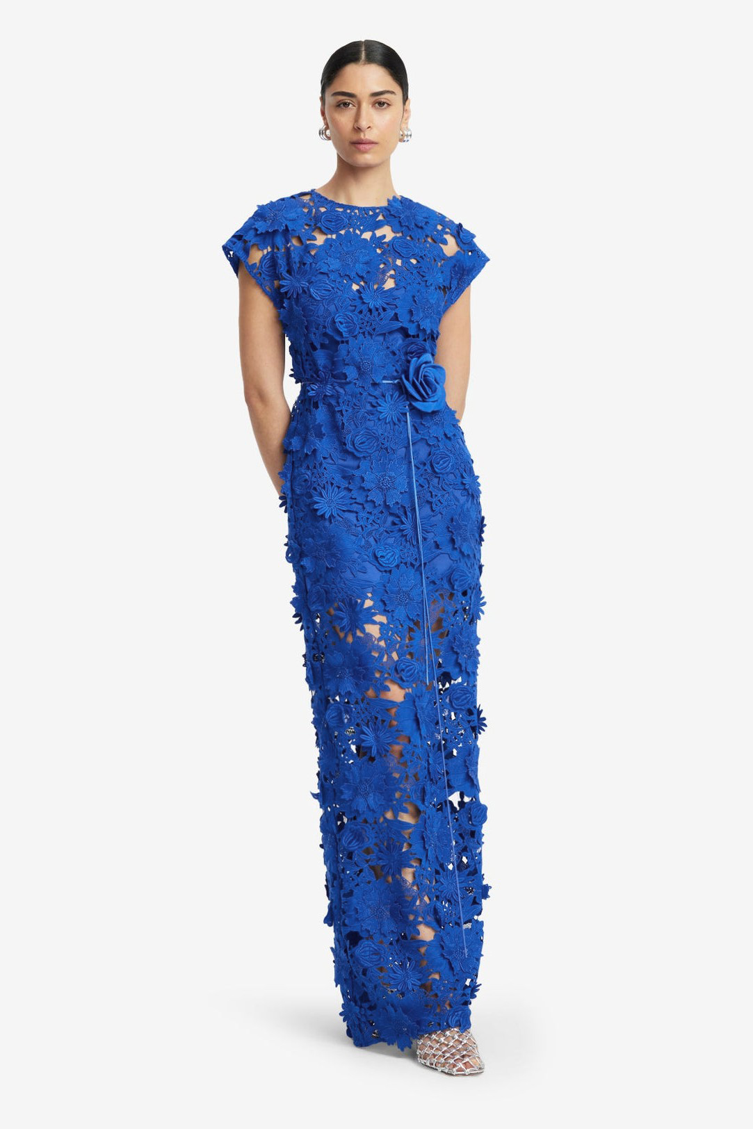 3D Flower Lace Round Neck Midi Dress