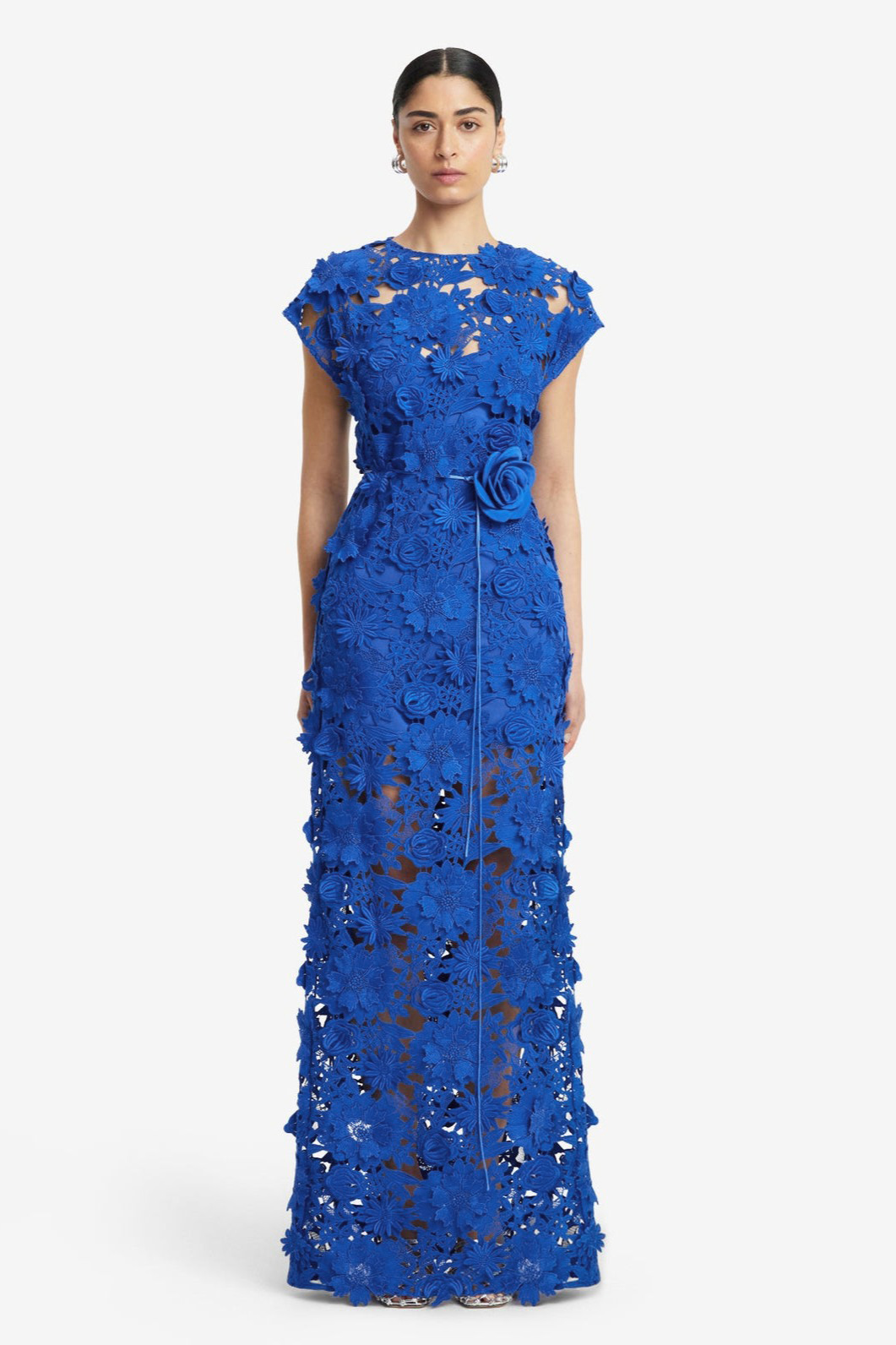3D Flower Lace Round Neck Midi Dress