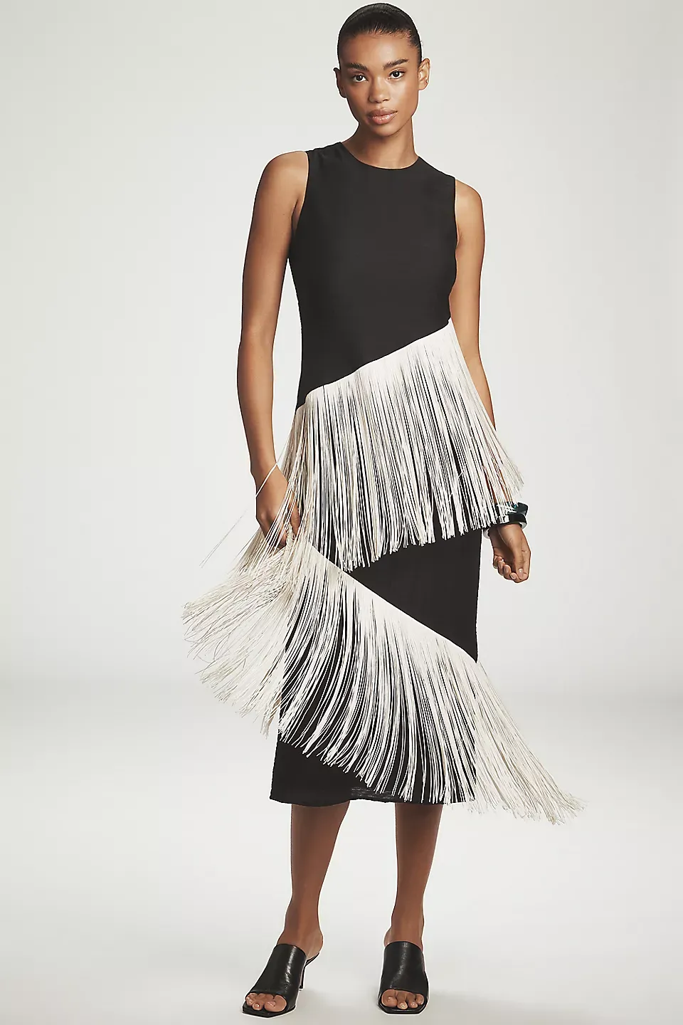 Tassel Contrast Color Sleeveless Midi Dress