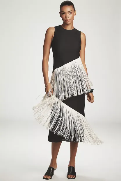Tassel Contrast Color Sleeveless Midi Dress