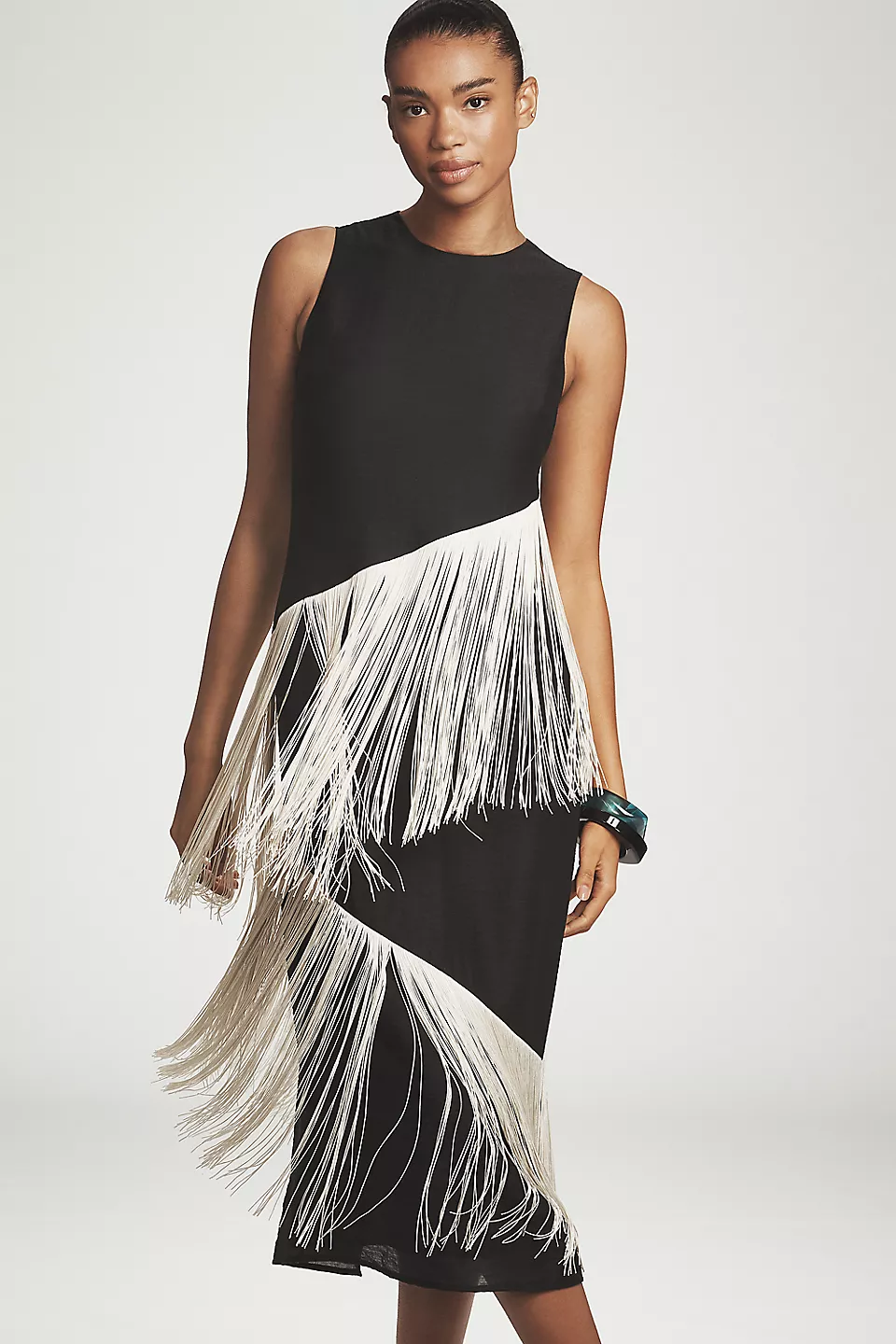Tassel Contrast Color Sleeveless Midi Dress