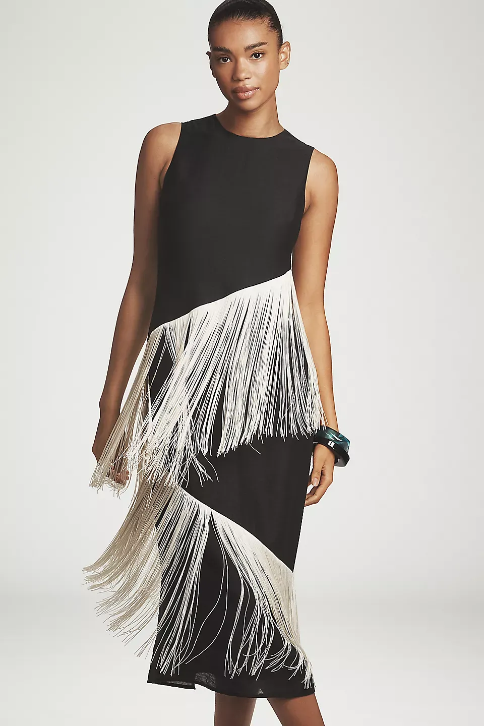 Tassel Contrast Color Sleeveless Midi Dress