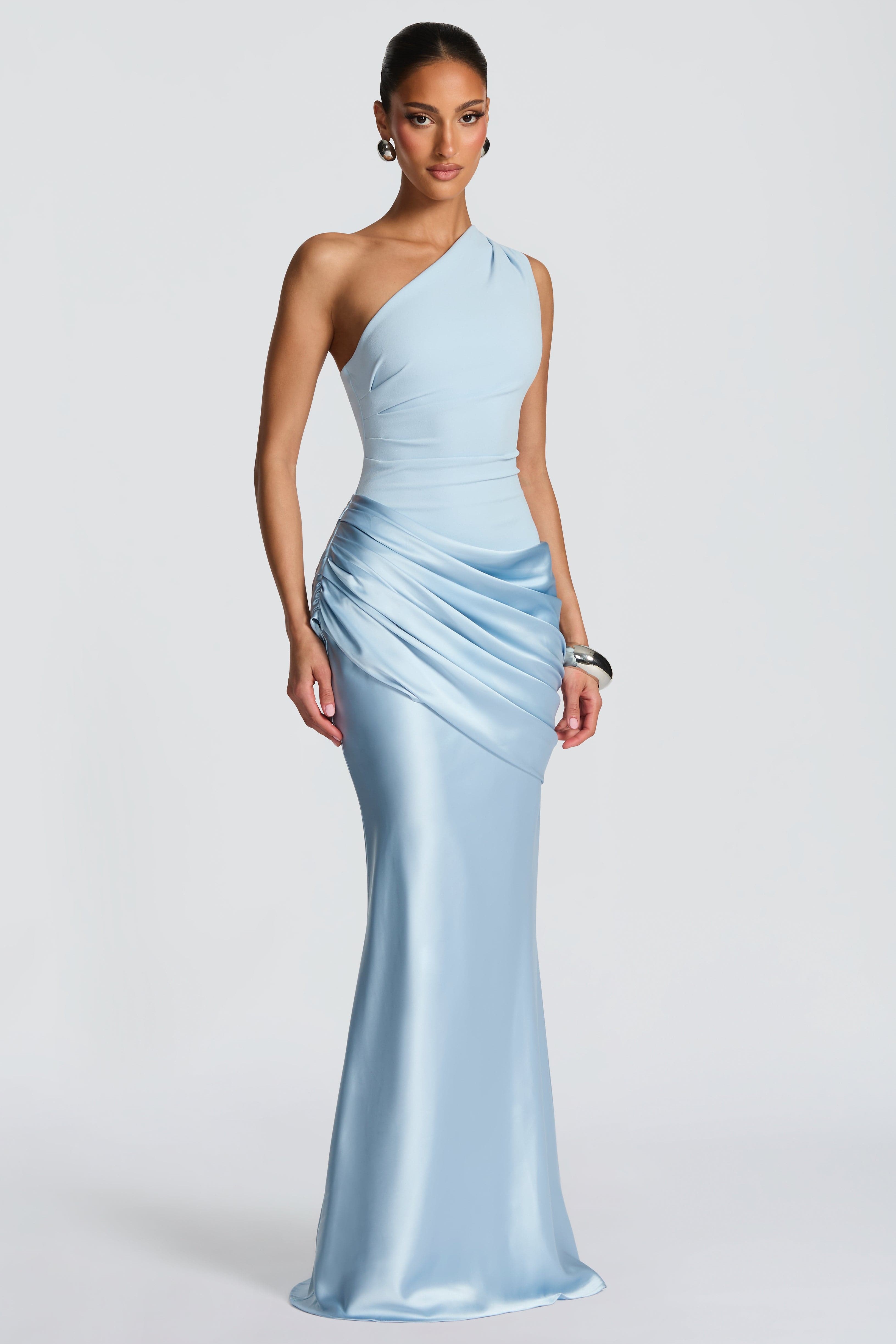 Satin Ruched One Shoulder Maxi Dress