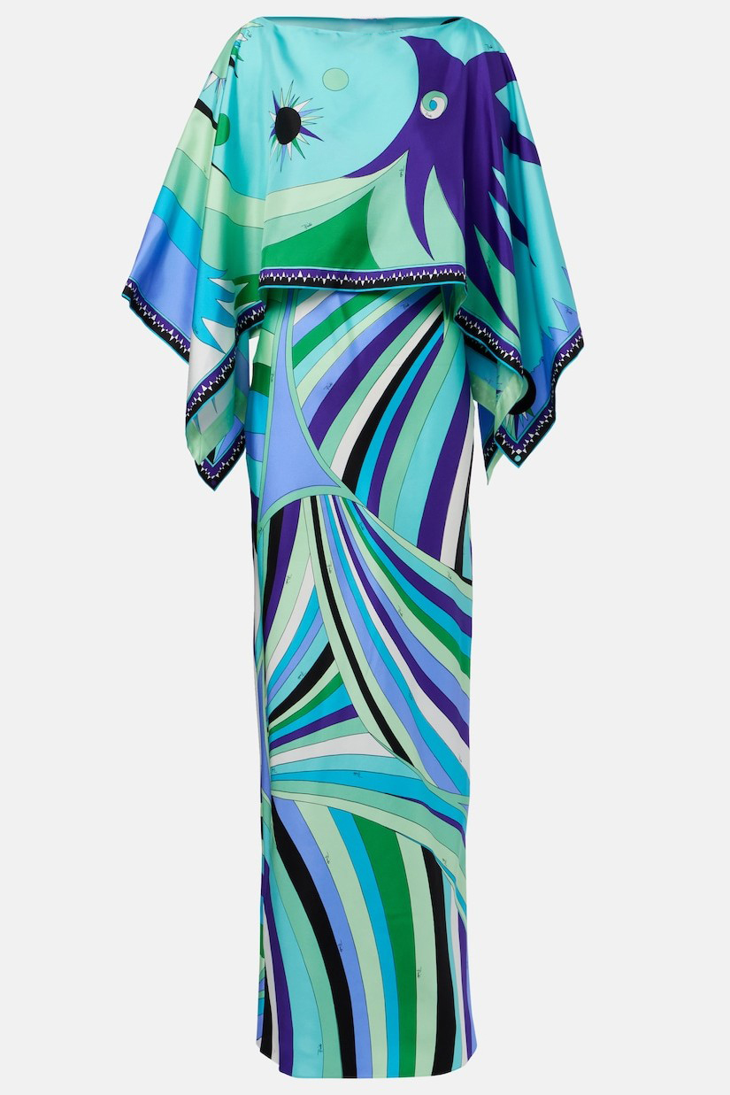 Abstract Print Cape Sleeve Midi Dress