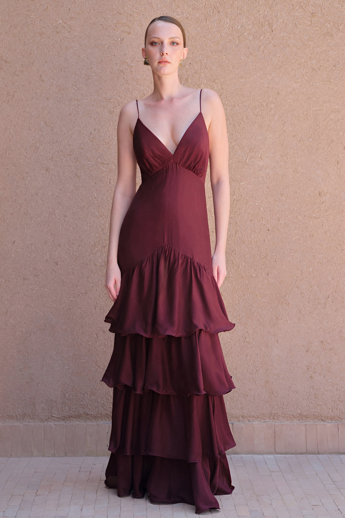 Satin Ruffle Sweetheart Neck Midi Dress