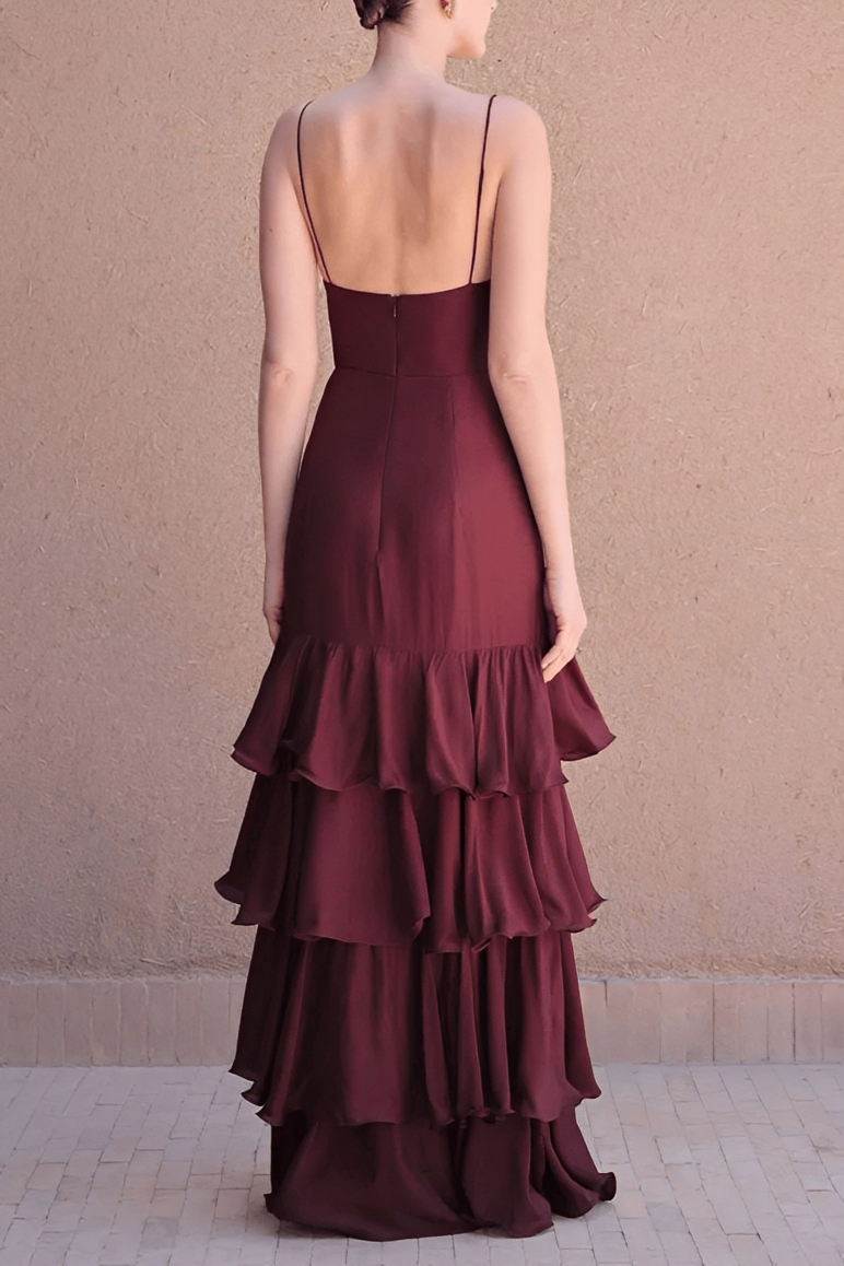 Satin Ruffle Sweetheart Neck Midi Dress