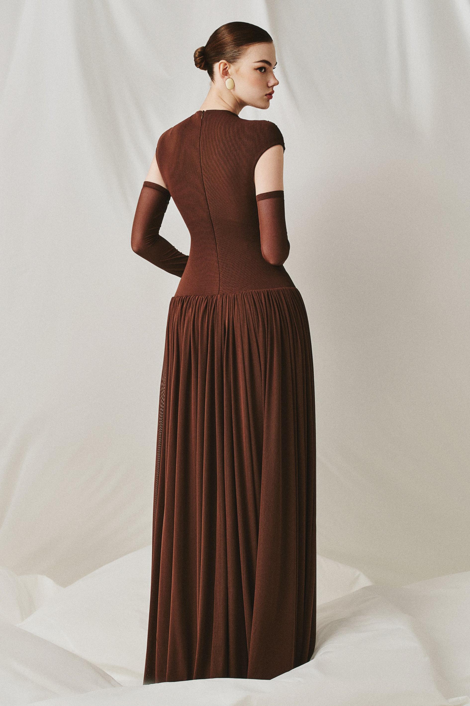 Gathering Solid Maxi Dress With Gloves