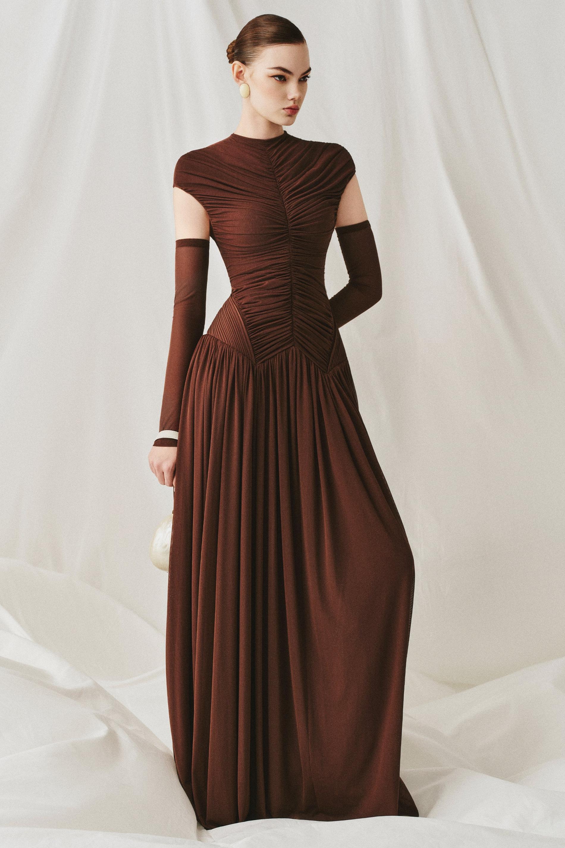 Gathering Solid Maxi Dress With Gloves