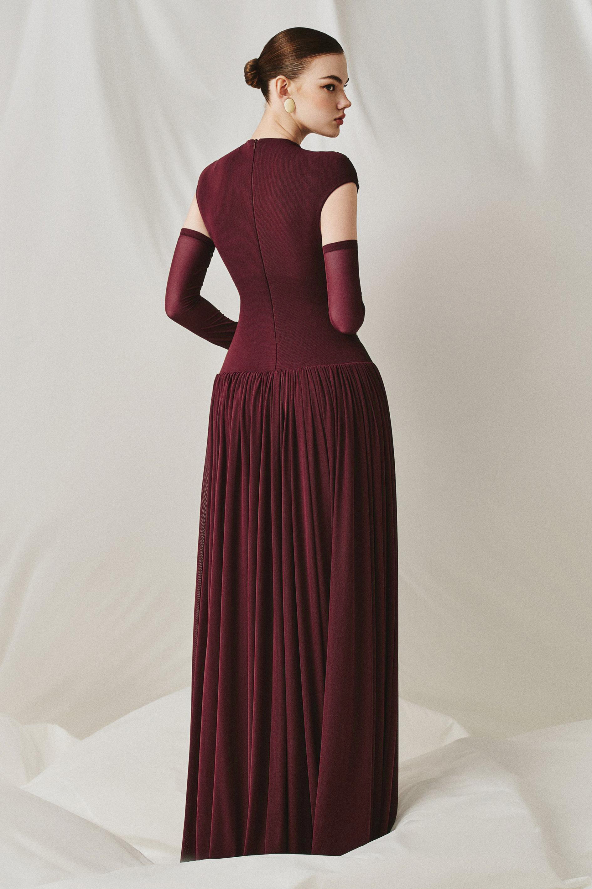 Gathering Solid Maxi Dress With Gloves