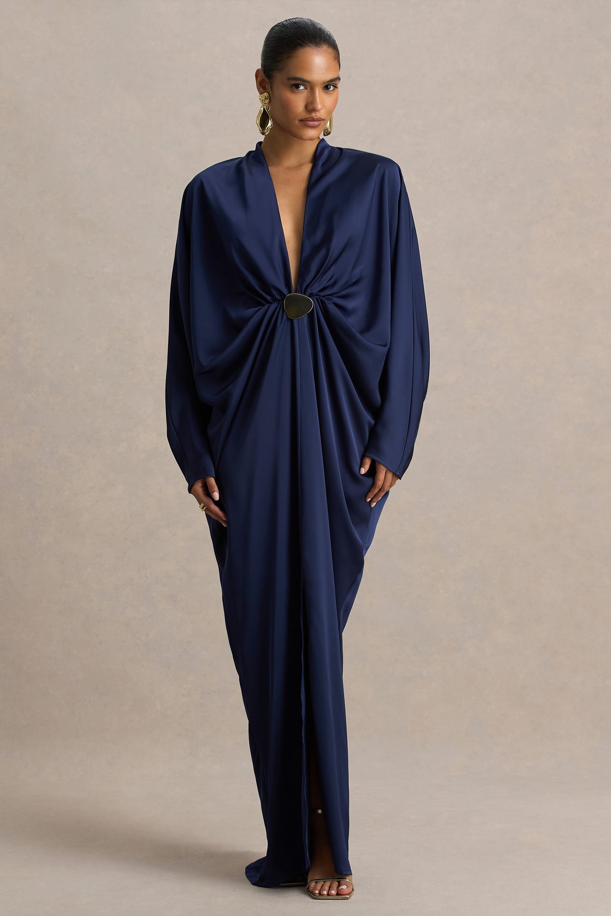 Satin Batwing Sleeve Metal Decorations Maxi Dress
