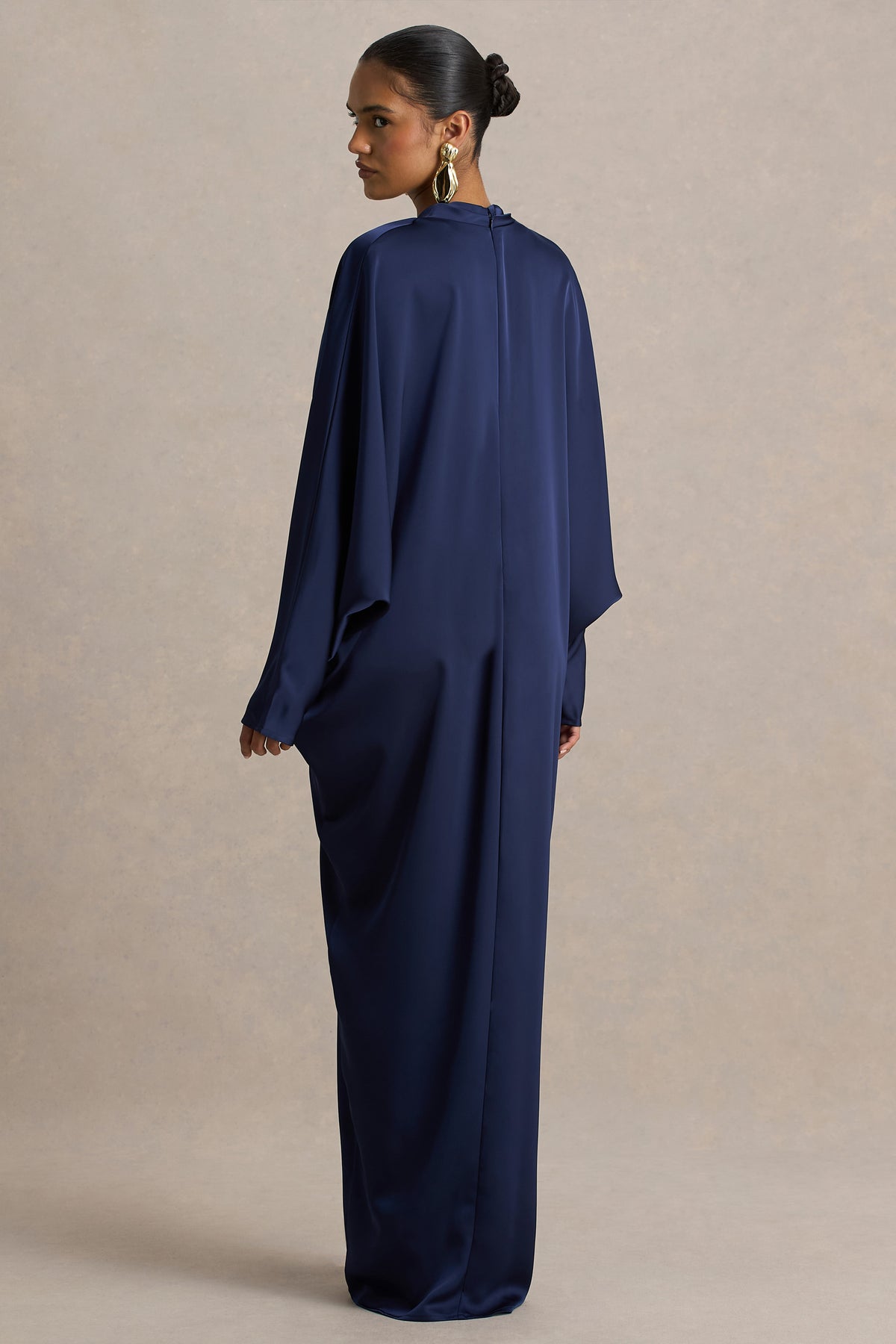 Satin Batwing Sleeve Metal Decorations Maxi Dress