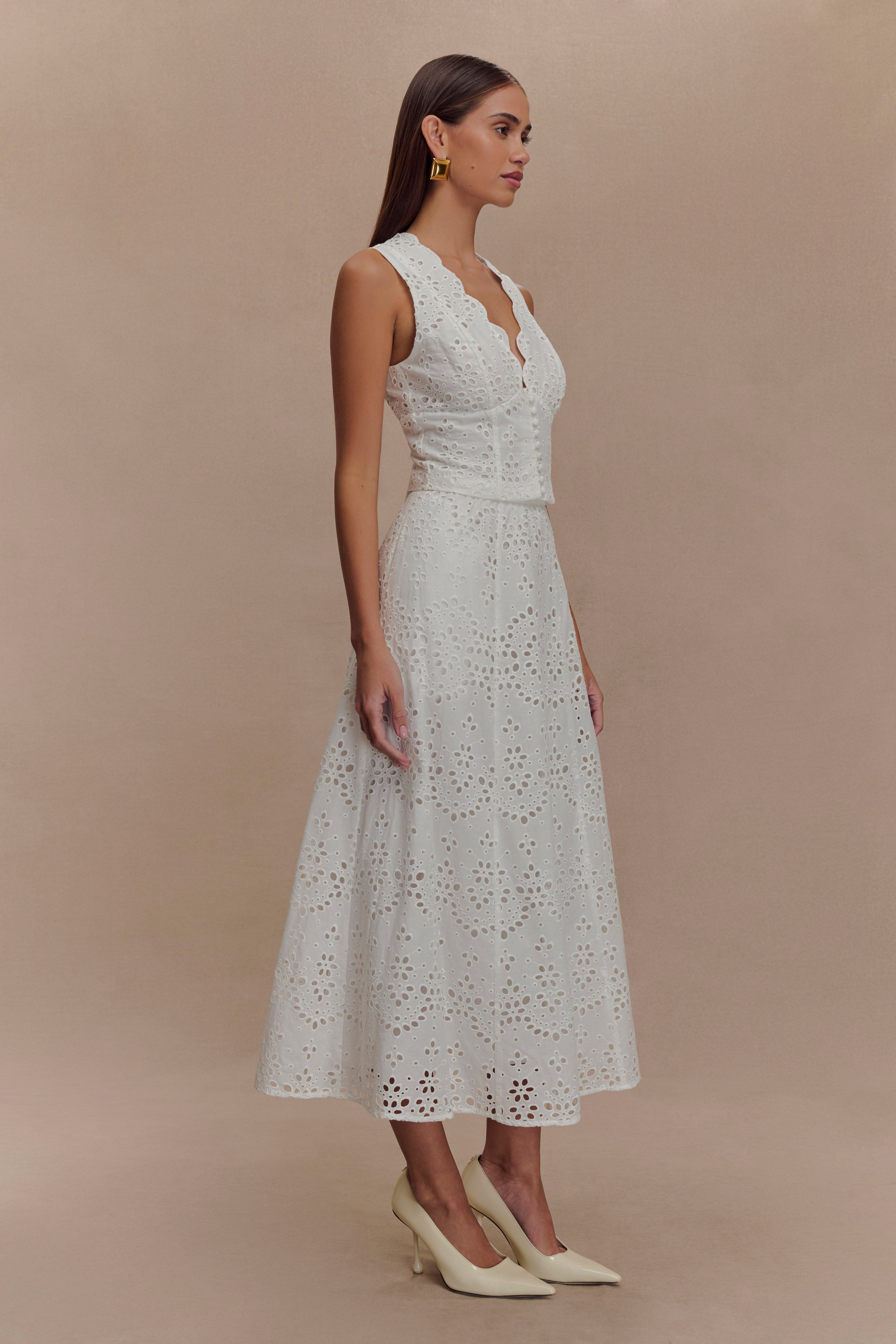 Embroidered Button Top & High Waist Midi Skirt Set