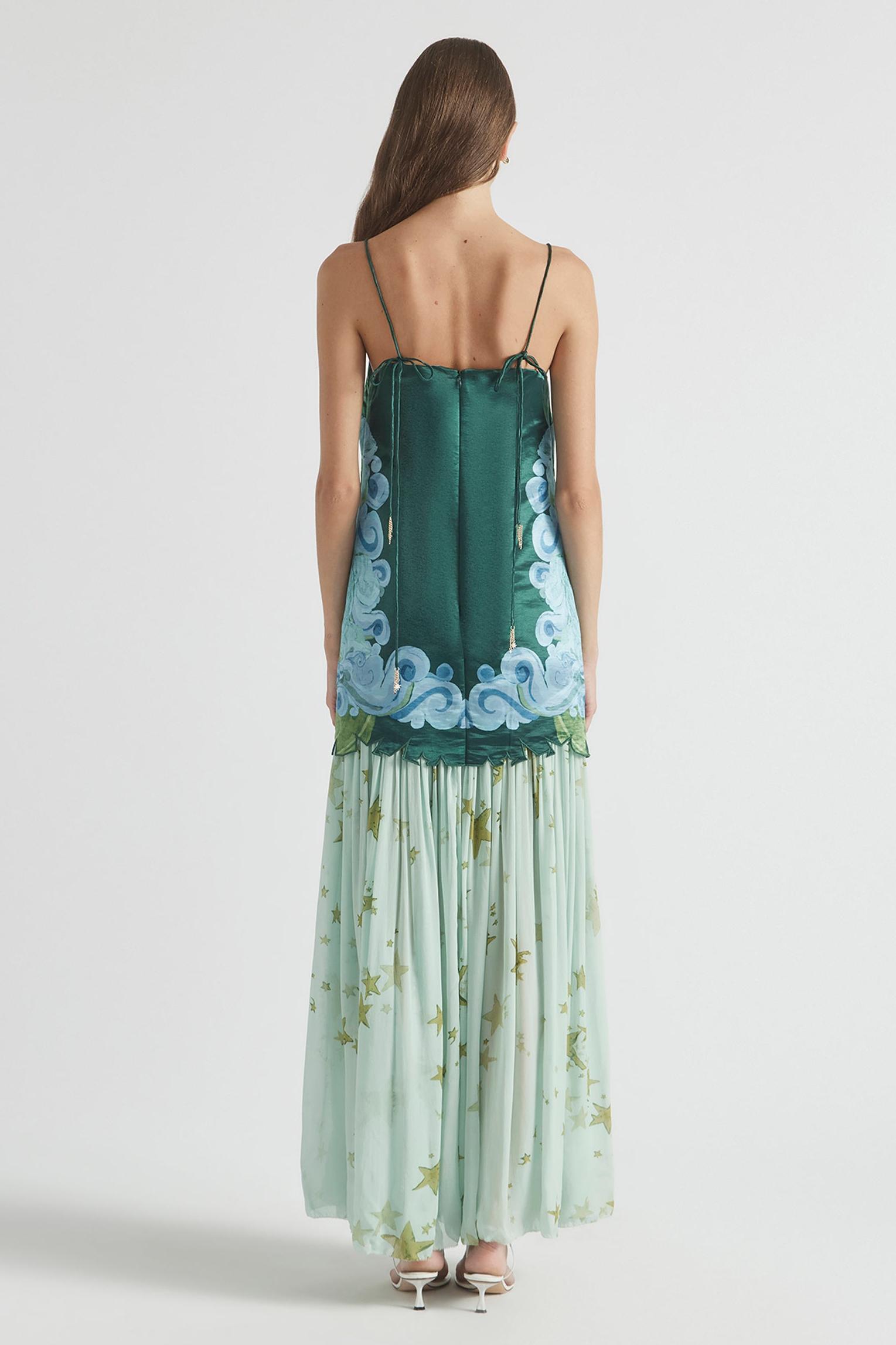 Cloud Print Satin Top & Chiffon High Waist Midi Skirt Set