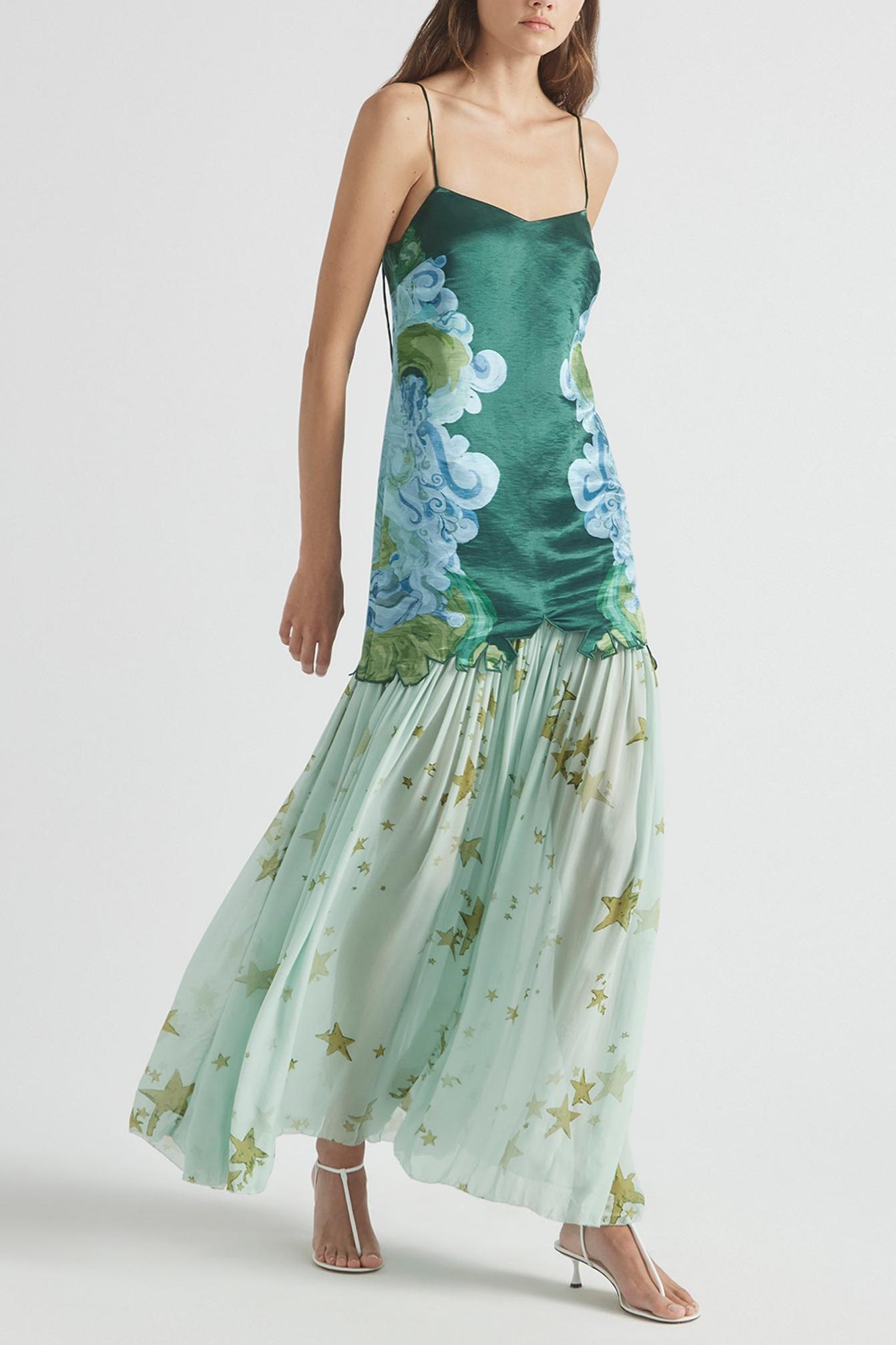 Cloud Print Satin Top & Chiffon High Waist Midi Skirt Set