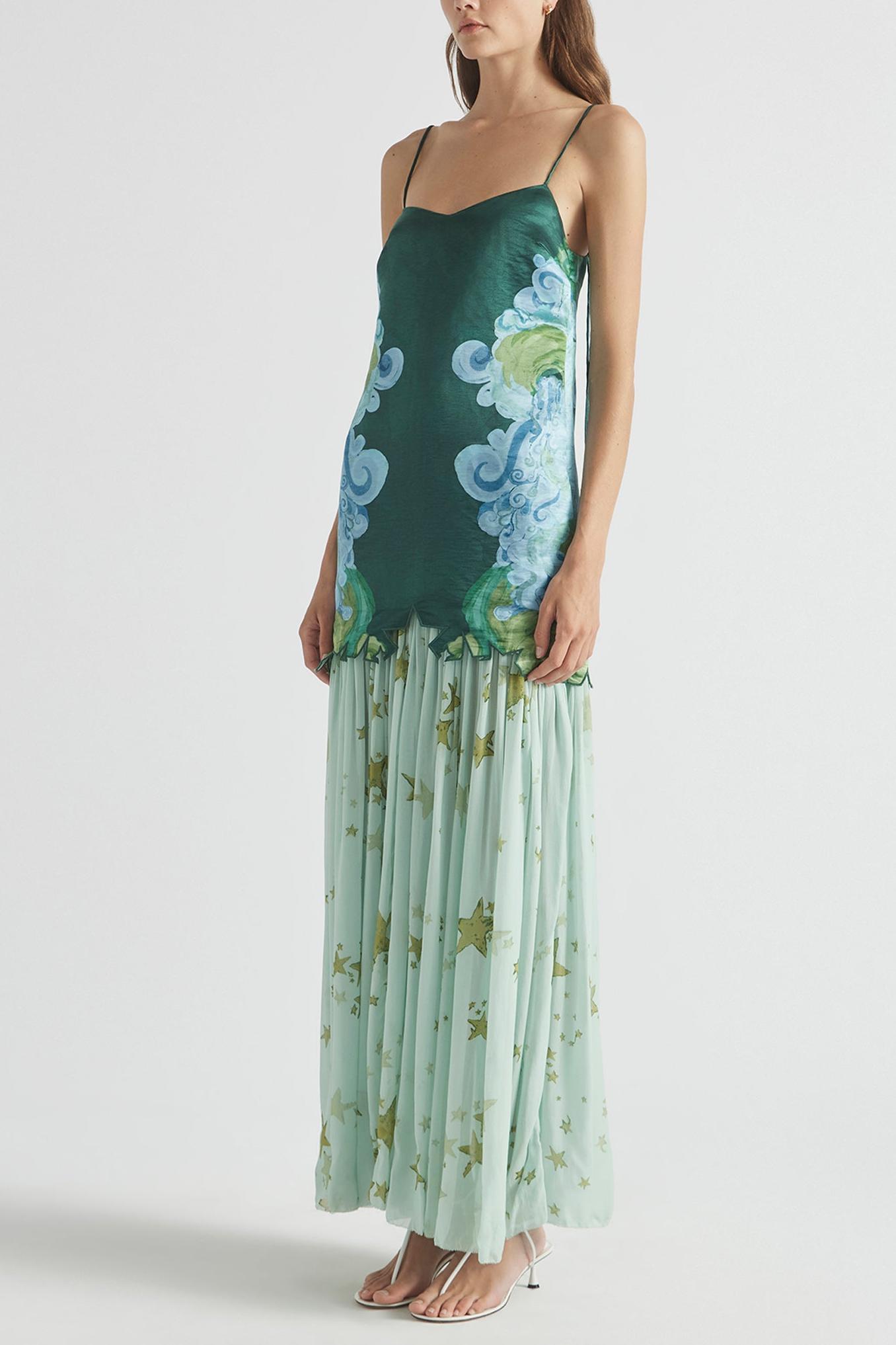 Cloud Print Satin Top & Chiffon High Waist Midi Skirt Set