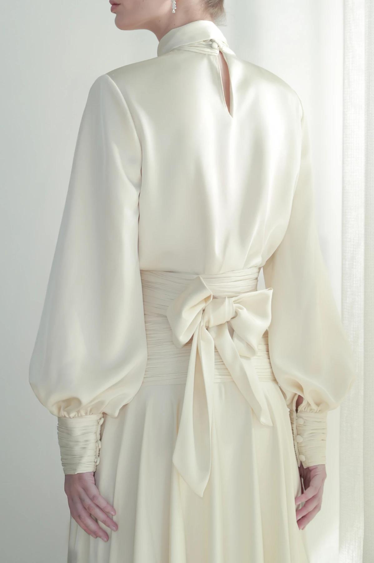 Satin Pleated Bow Top & High Waist Midi Skirt Set