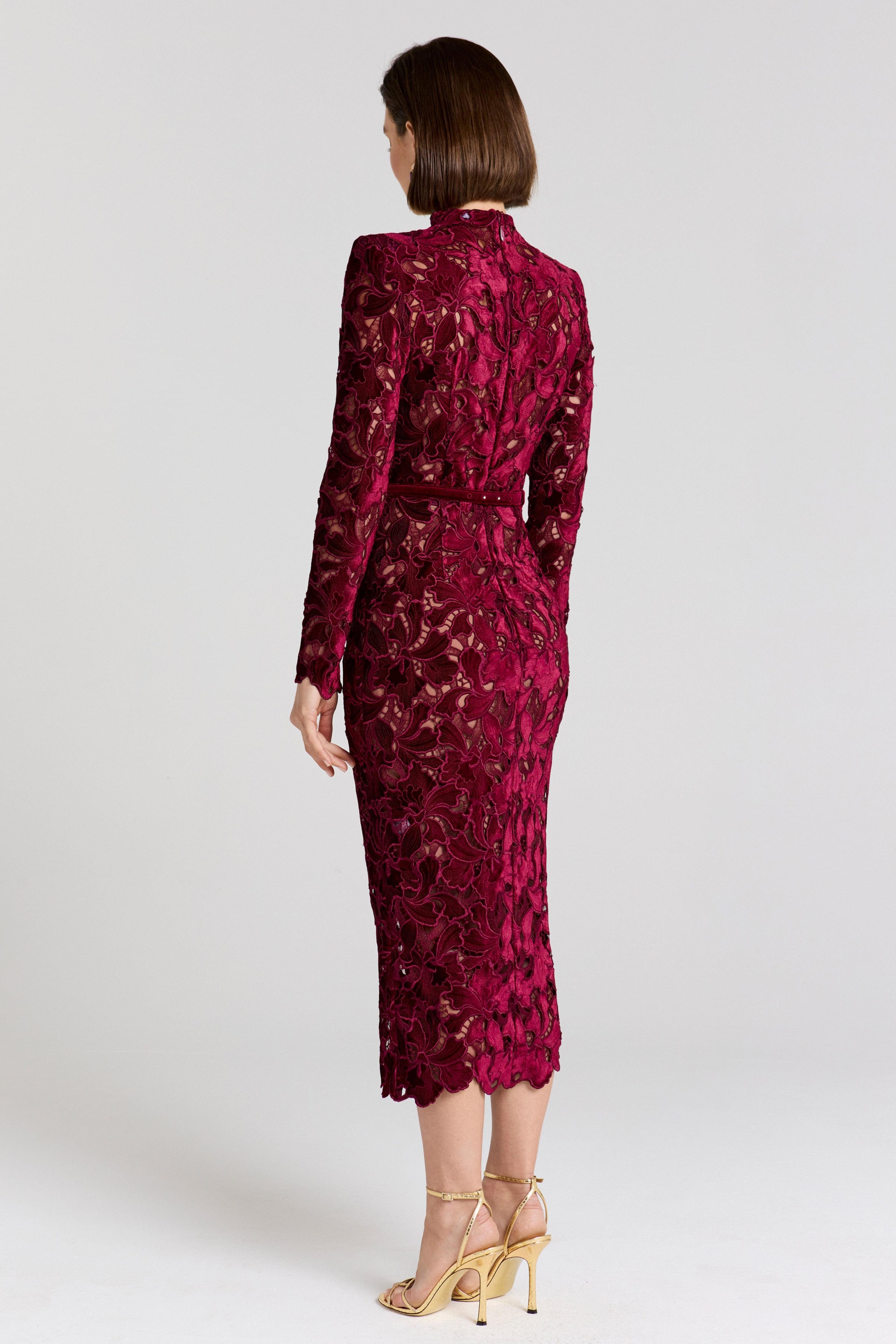 Velvet Embroidered Long Sleeve Midi Dress