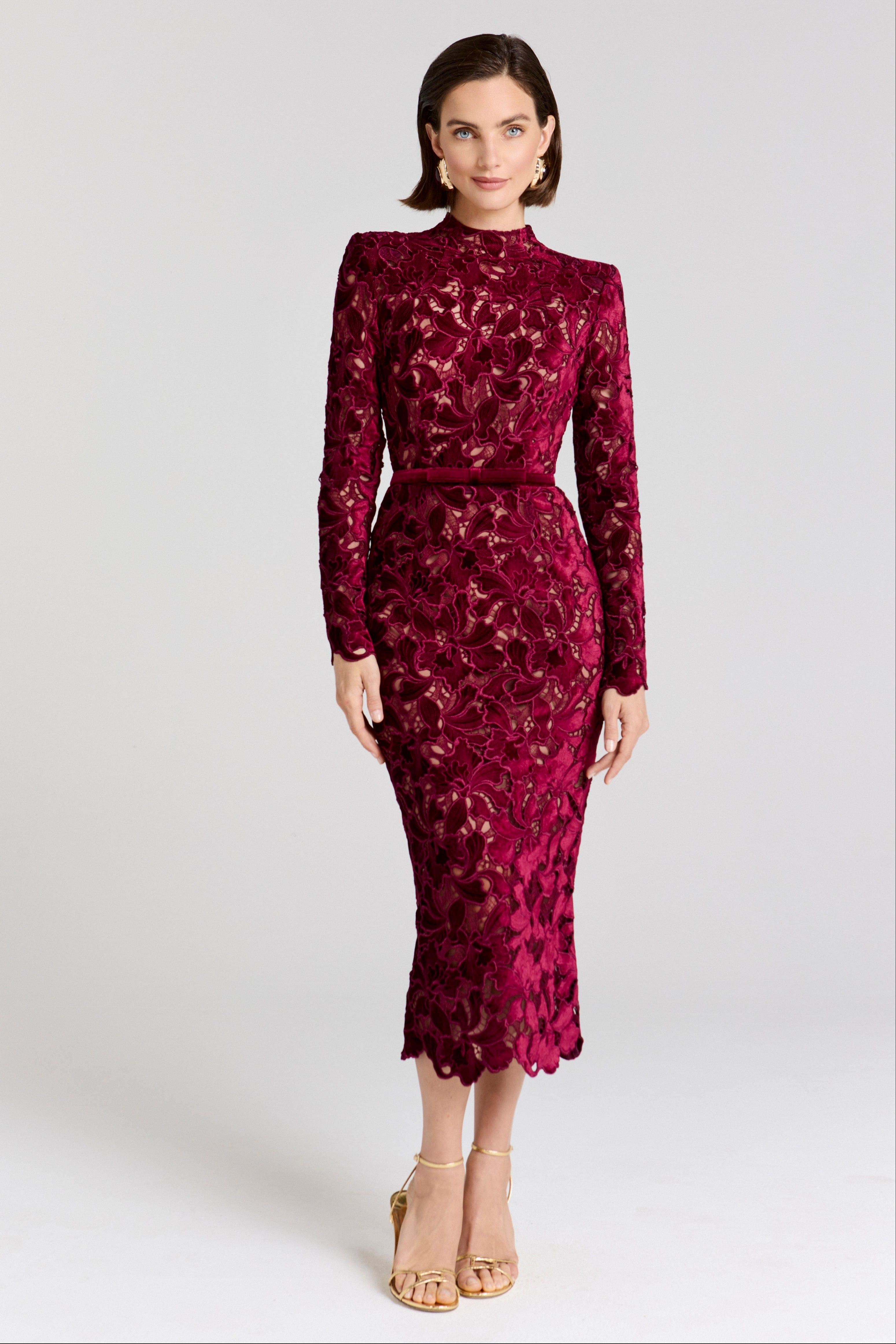 embroidered long sleeve midi dress Wholesale MOQ6 Embroidered Polka Dot Tie Neck Long Sleeve Midi Dress