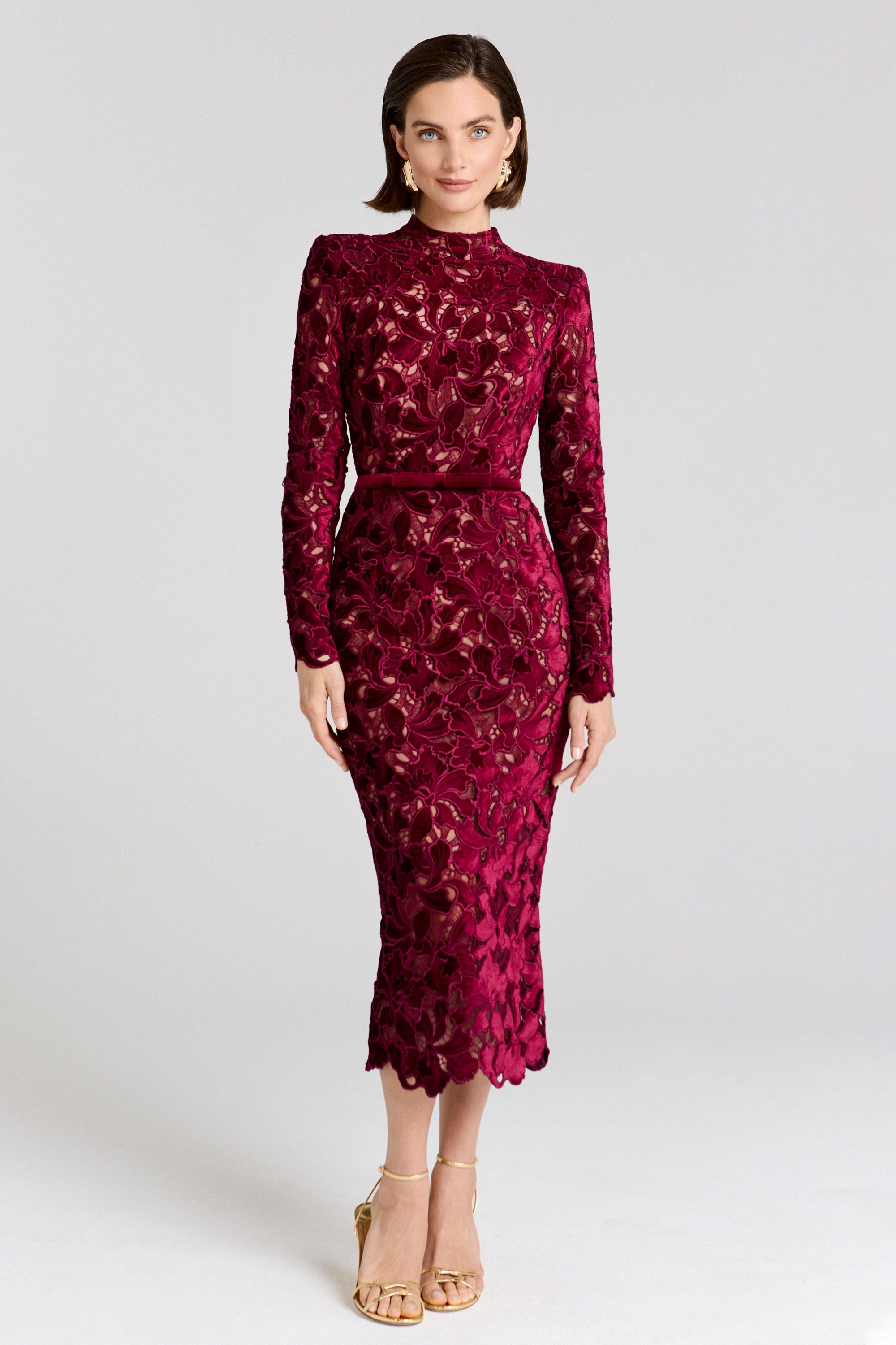 Velvet Embroidered Long Sleeve Midi Dress