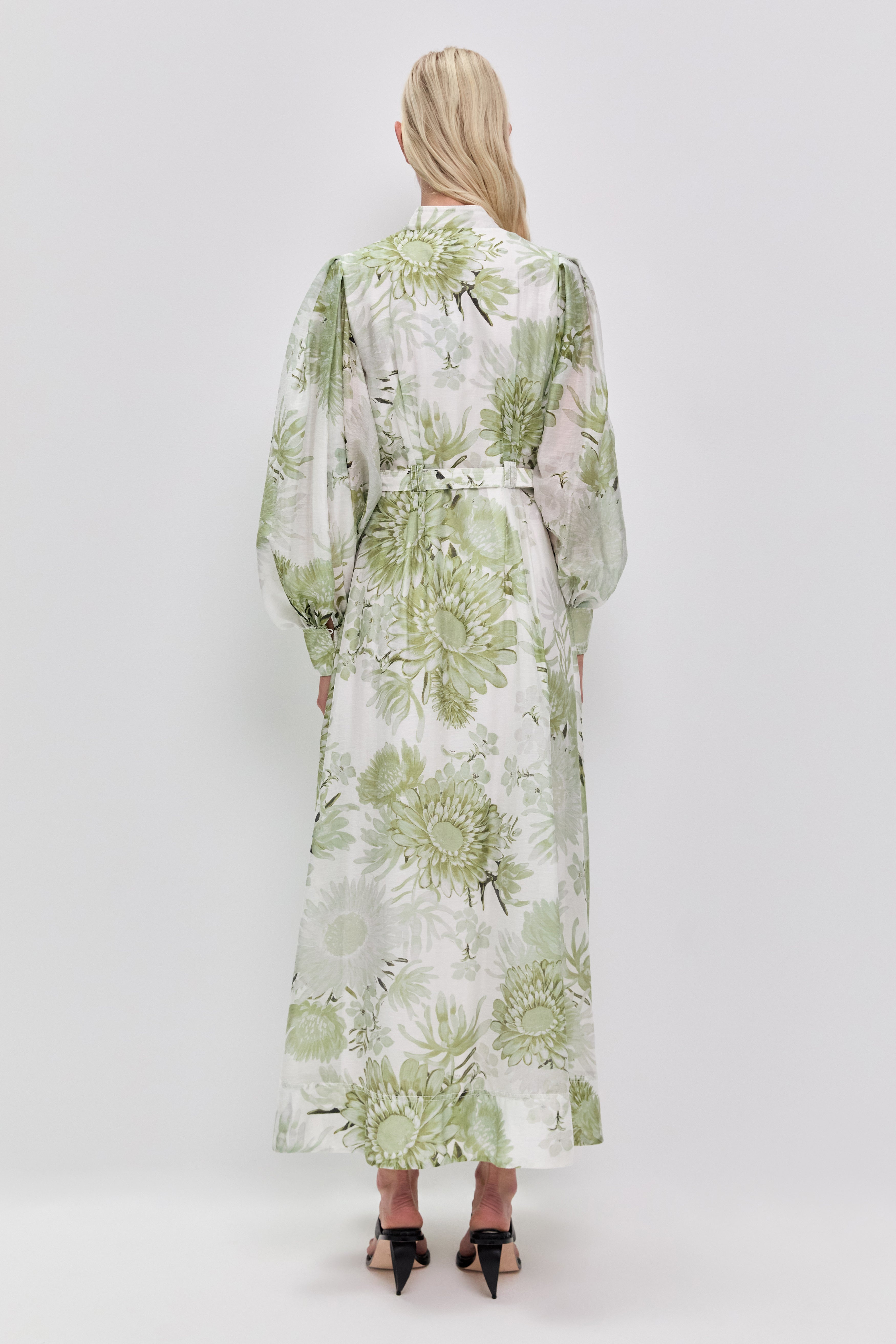 Floral Metal Button Midi Dress With Belt