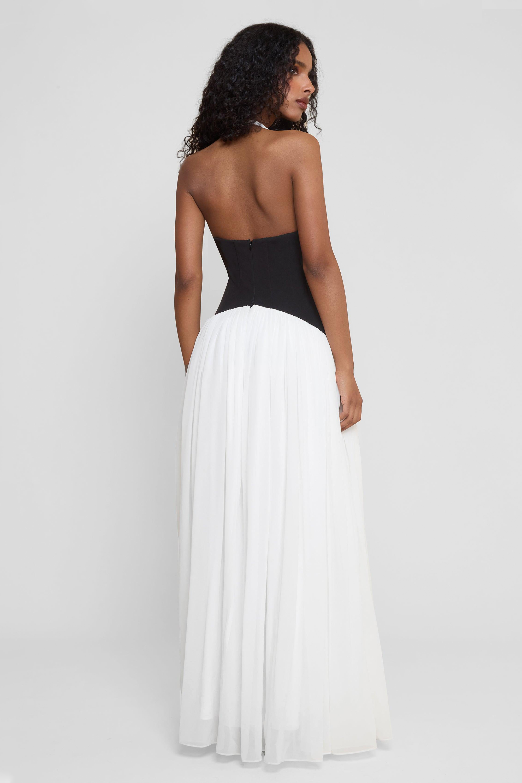 Contrast Color Gathering Halter Neck Midi Dress
