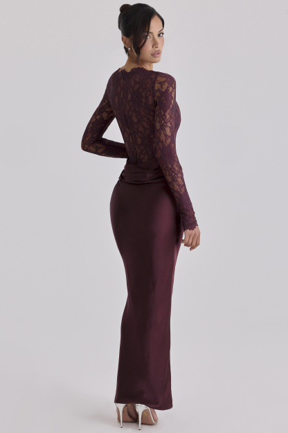Lace Splicing Satin Long Sleeve Maxi Dress