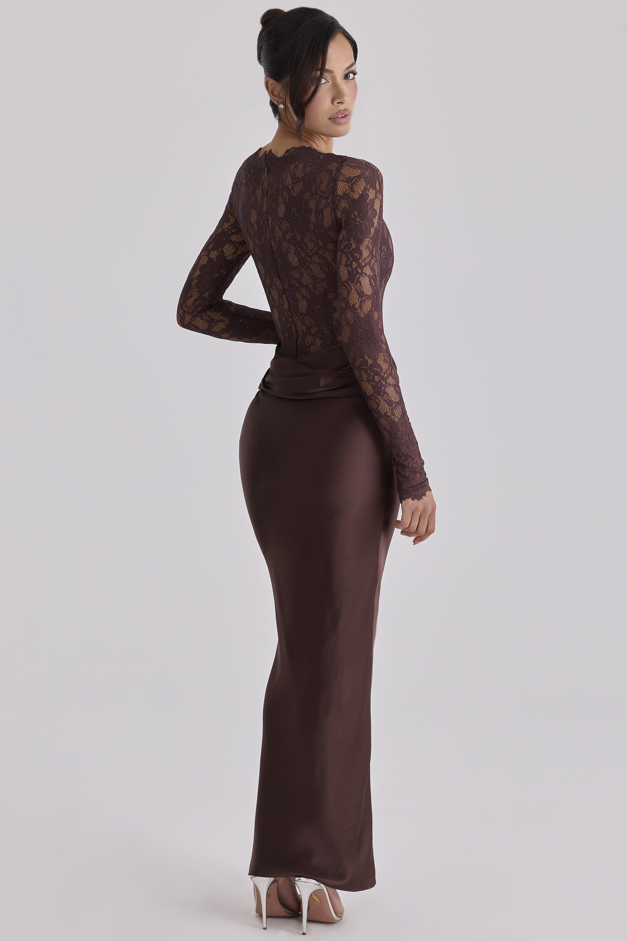 Lace Splicing Satin Long Sleeve Maxi Dress