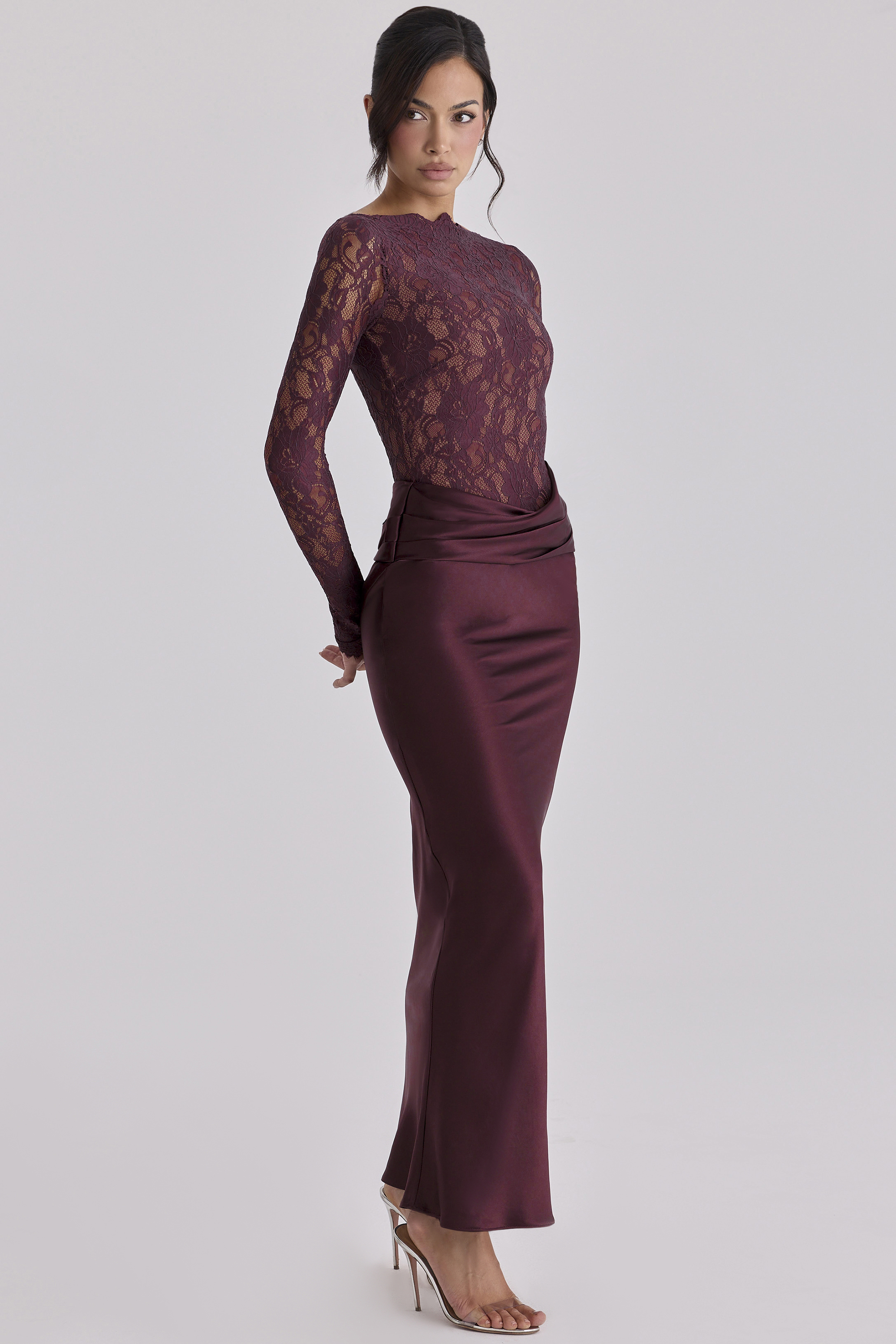 Lace Splicing Satin Long Sleeve Maxi Dress