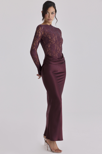 Lace Splicing Satin Long Sleeve Maxi Dress