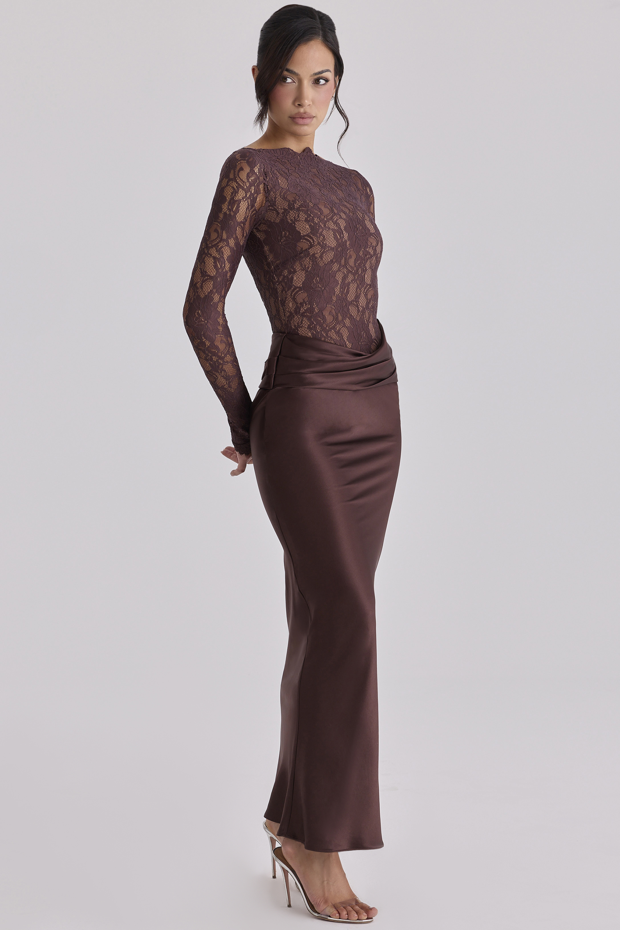 Lace Splicing Satin Long Sleeve Maxi Dress