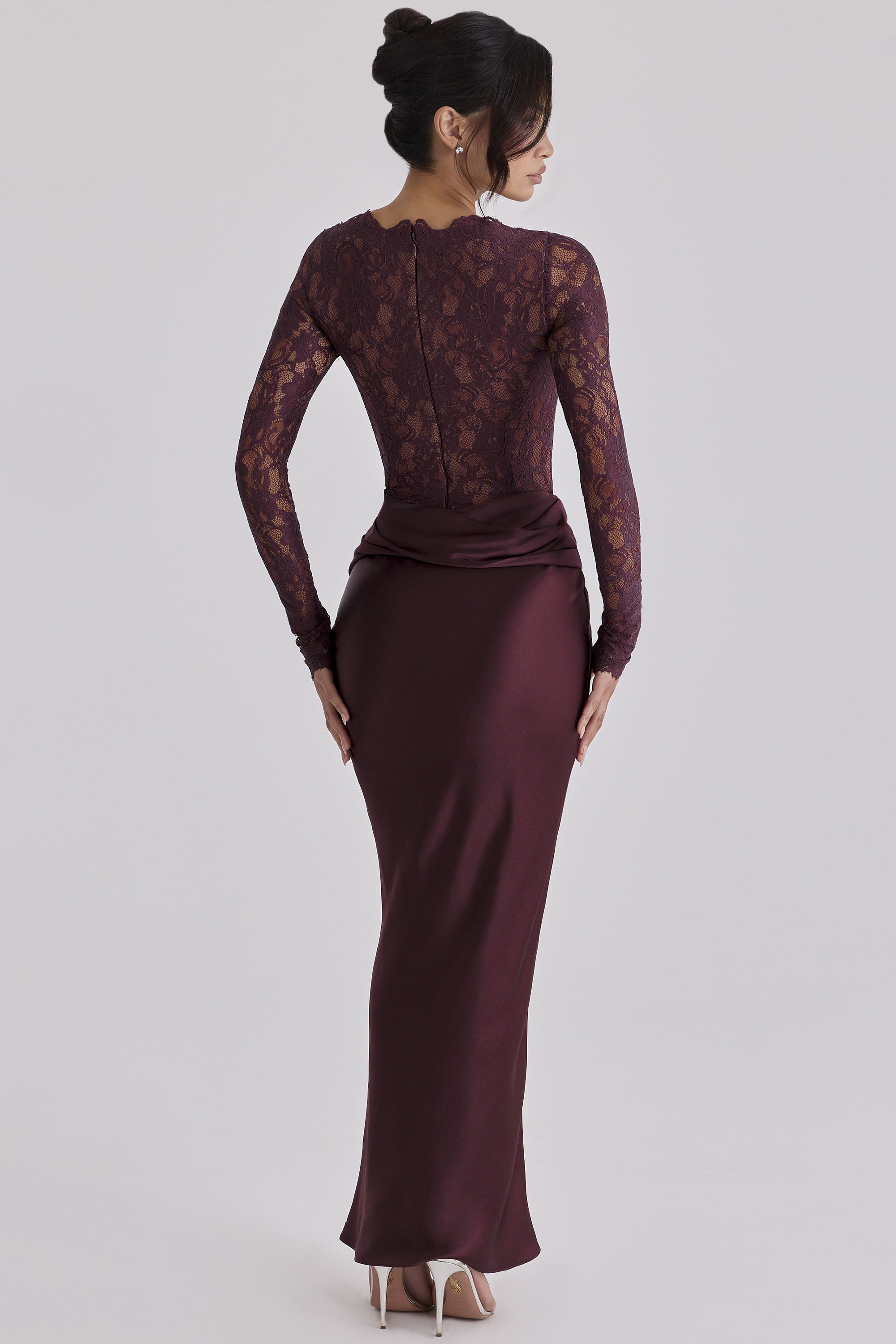 Lace Splicing Satin Long Sleeve Maxi Dress