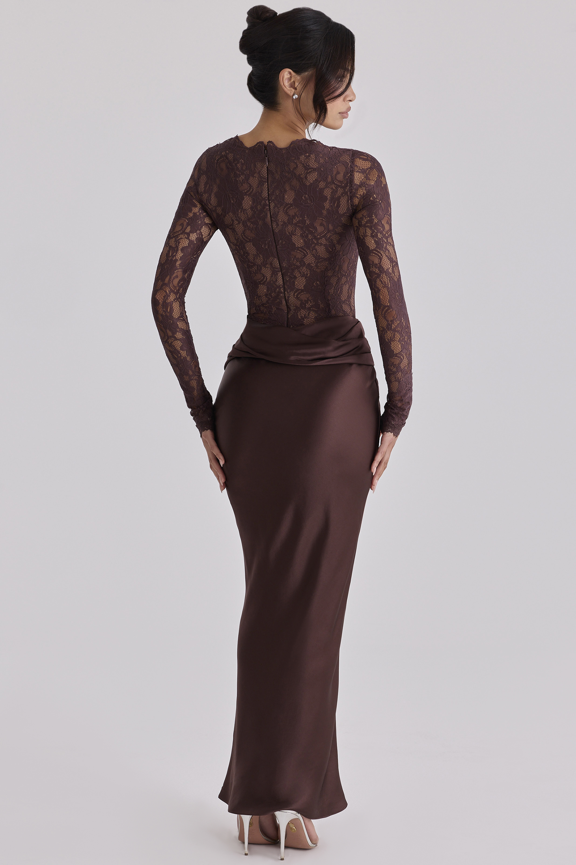 Lace Splicing Satin Long Sleeve Maxi Dress
