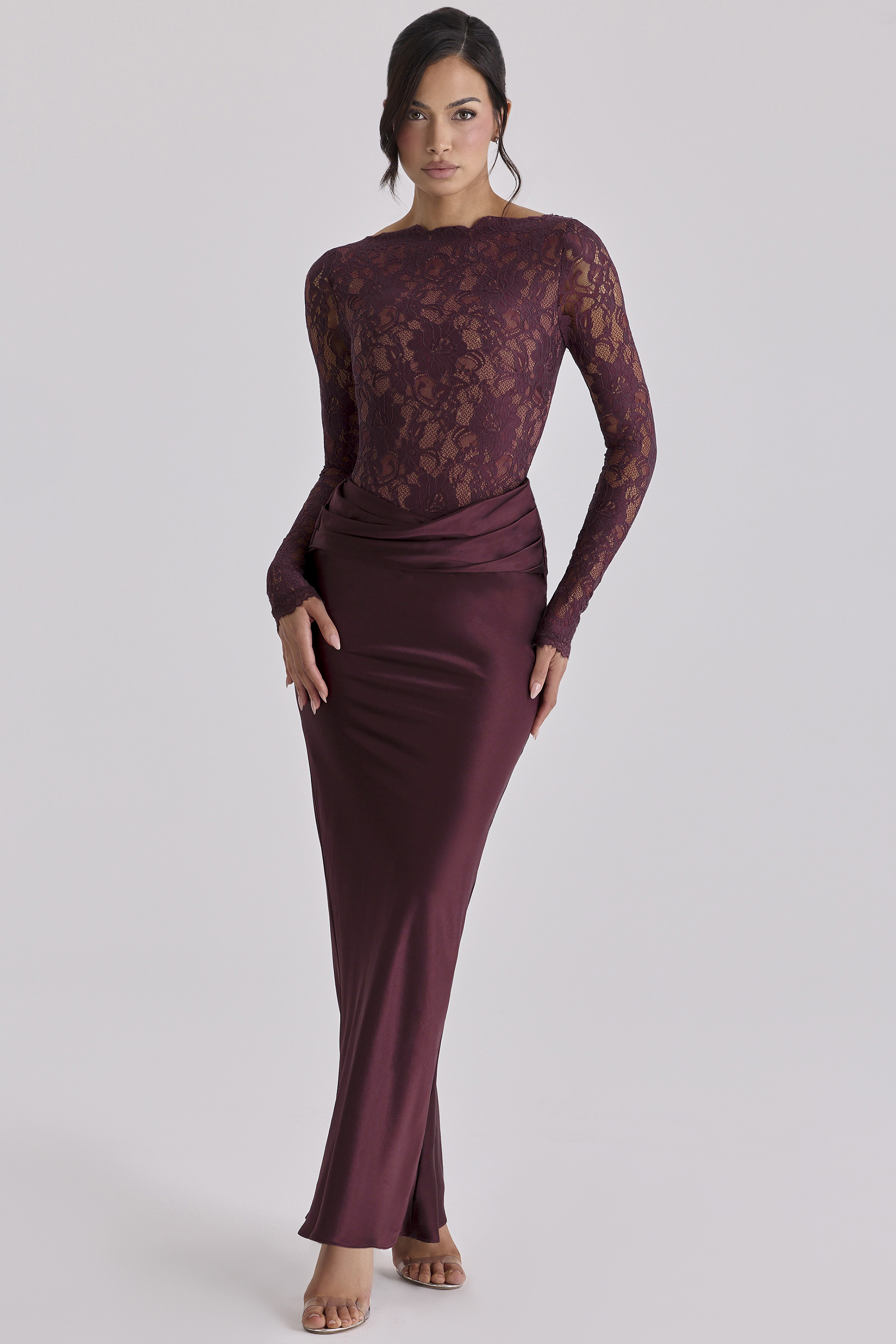 Lace Splicing Satin Long Sleeve Maxi Dress