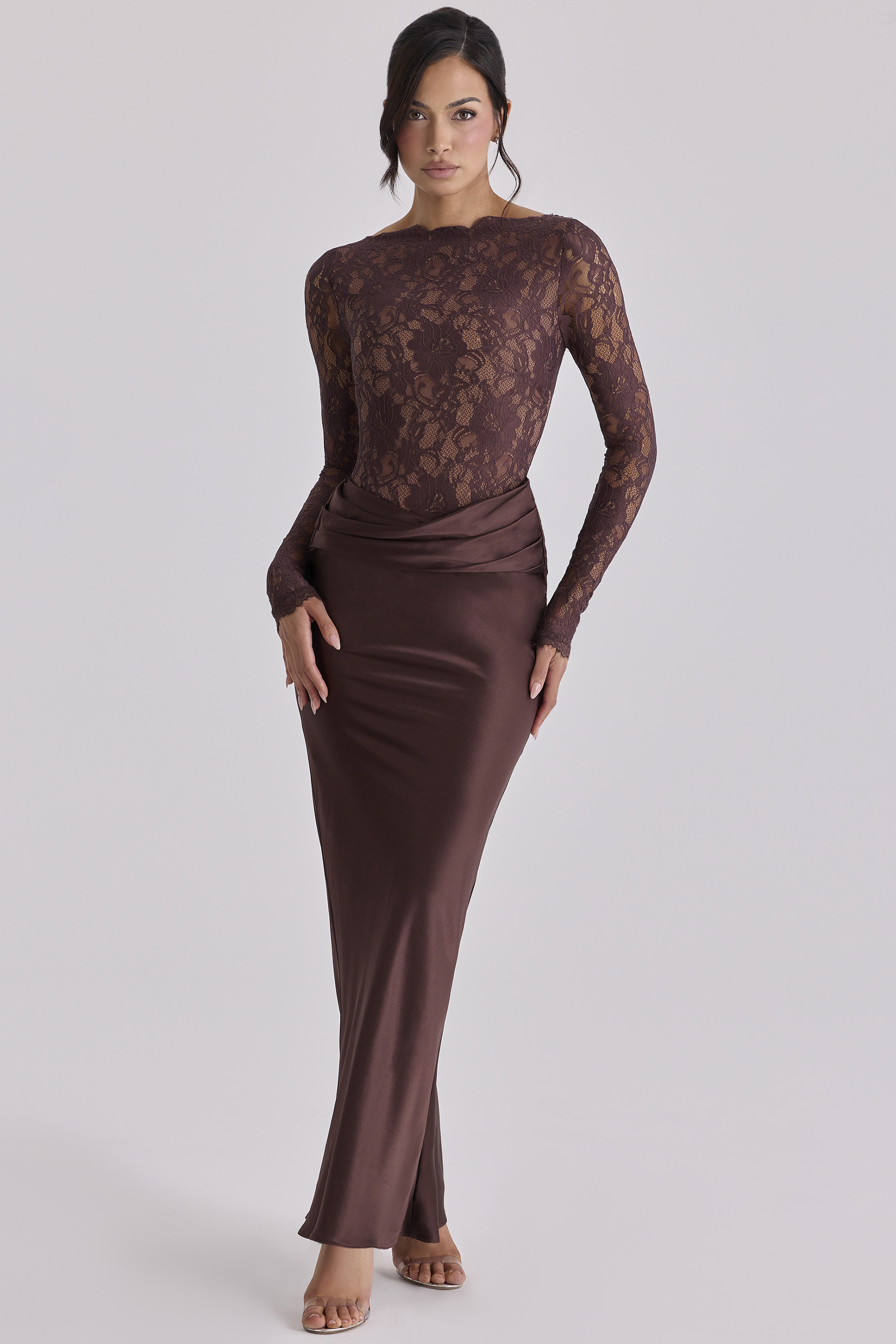 Lace Splicing Satin Long Sleeve Maxi Dress