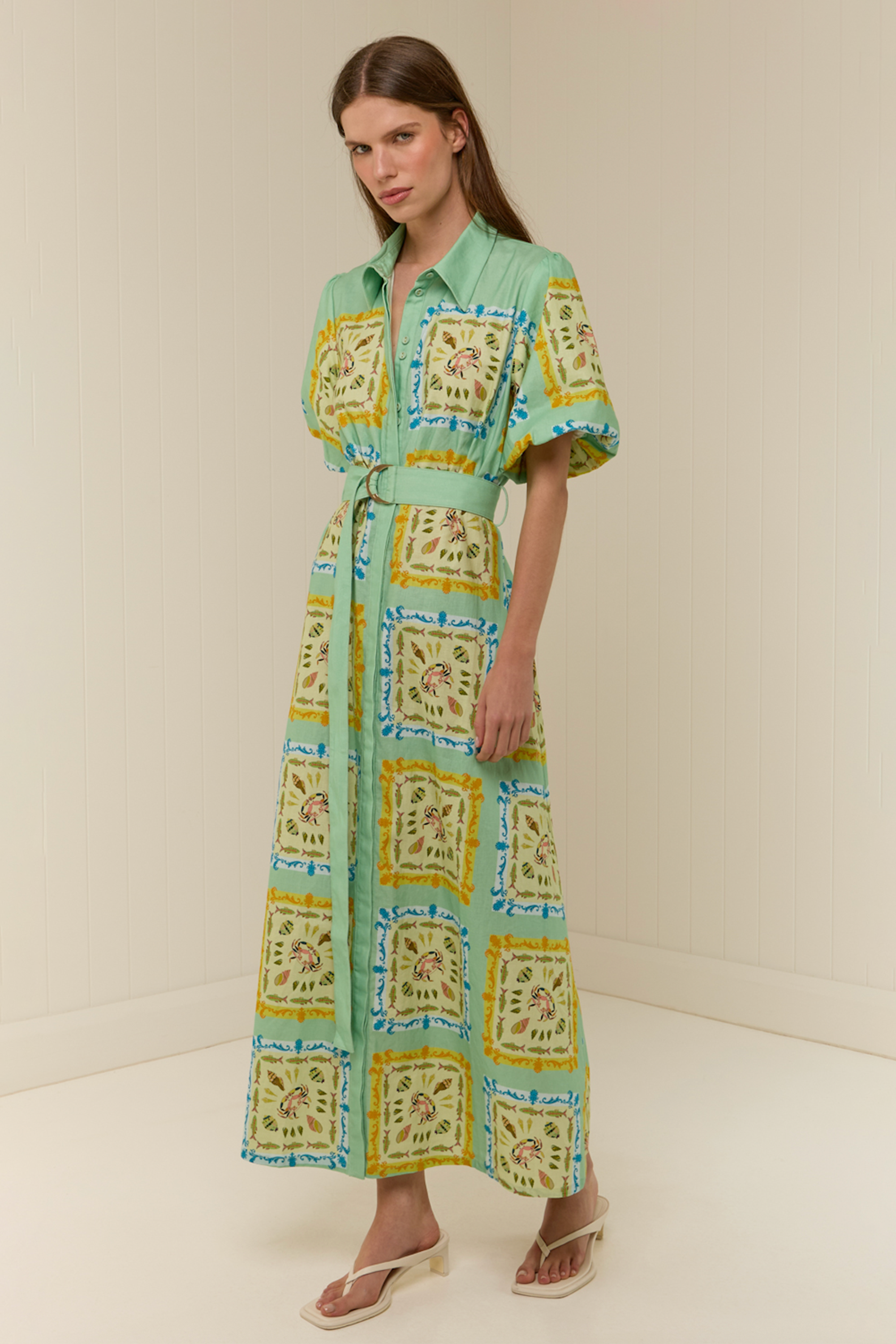 Marine Organism Print Puff Sleeve Midi Dress
