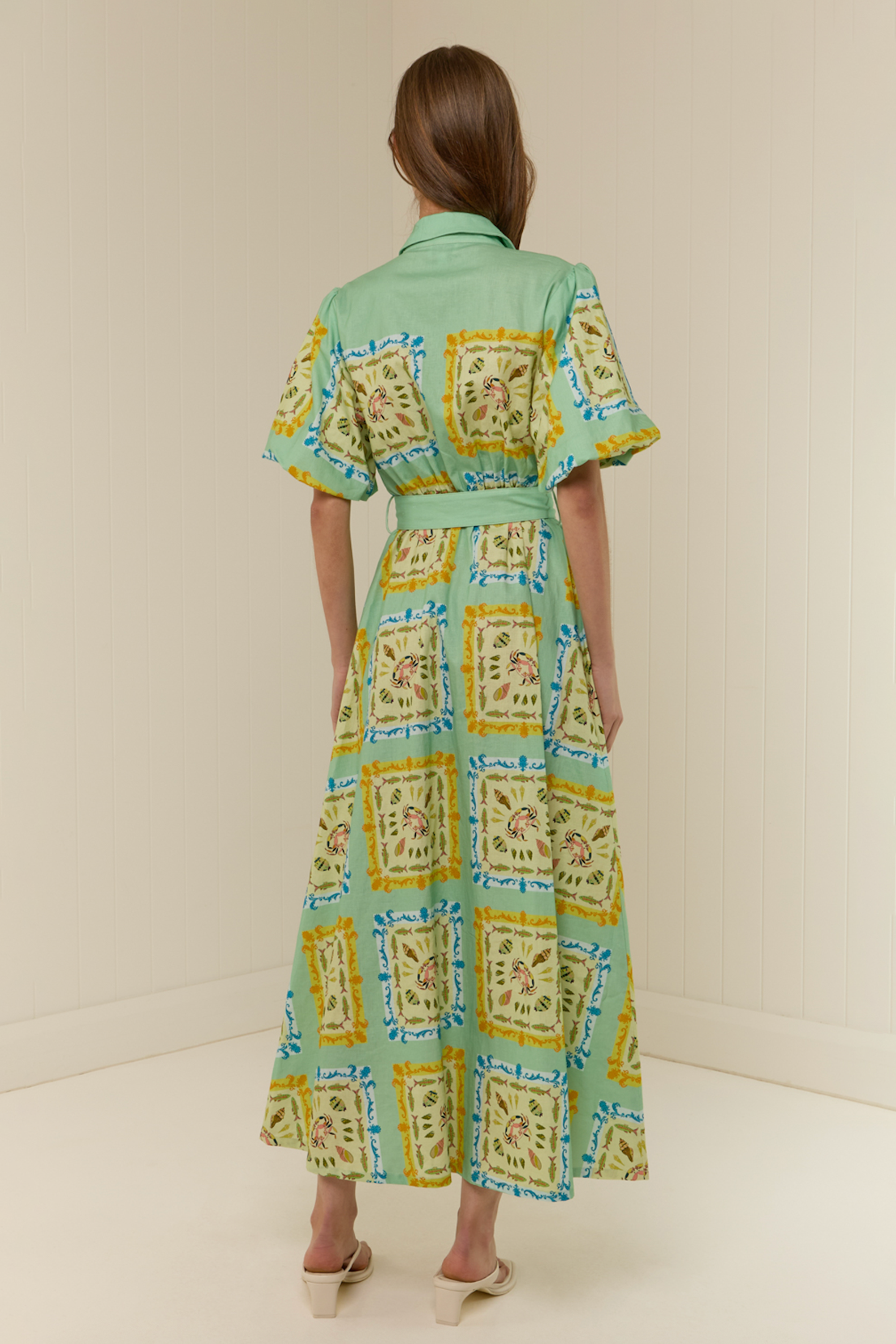 Marine Organism Print Puff Sleeve Midi Dress