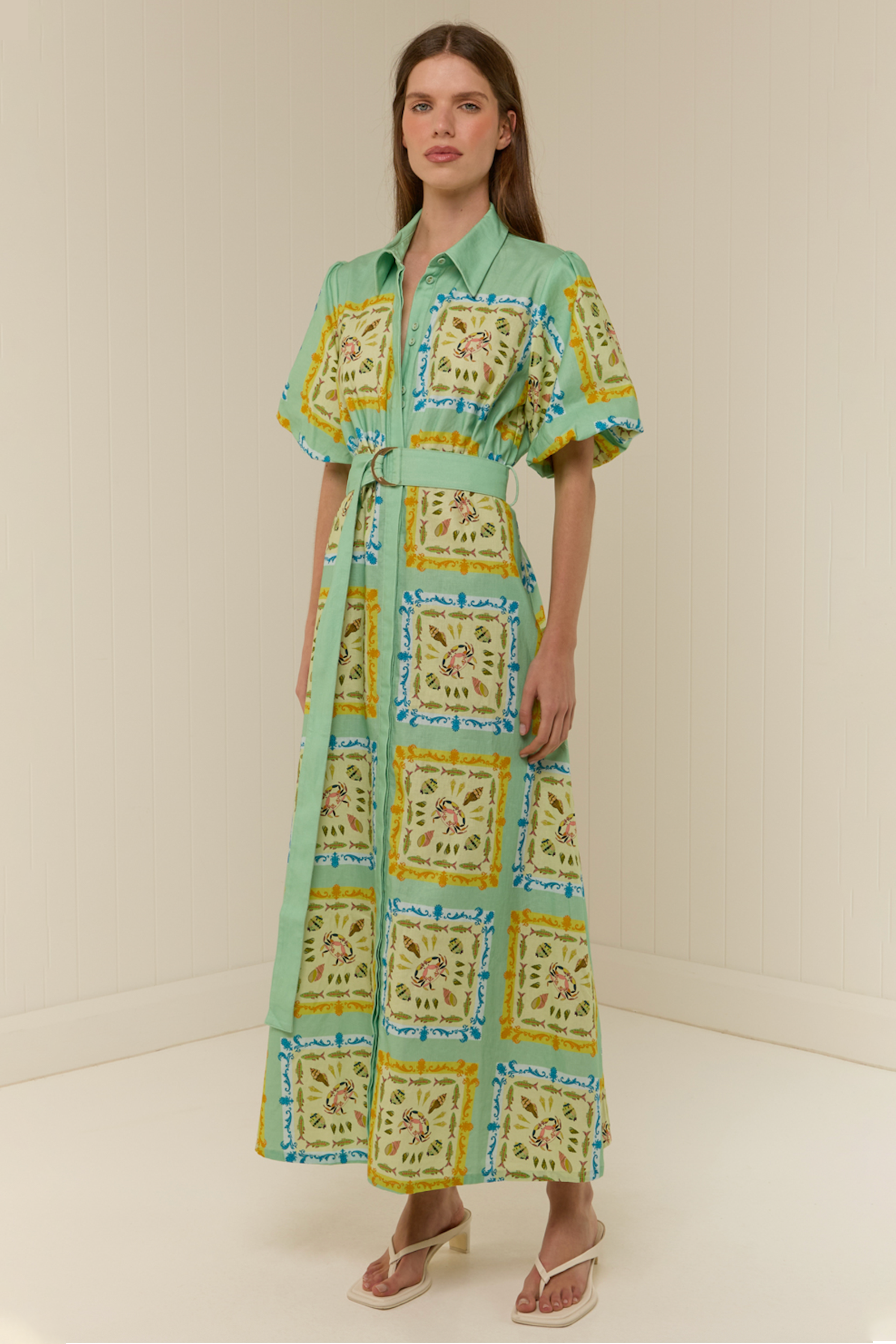 Marine Organism Print Puff Sleeve Midi Dress