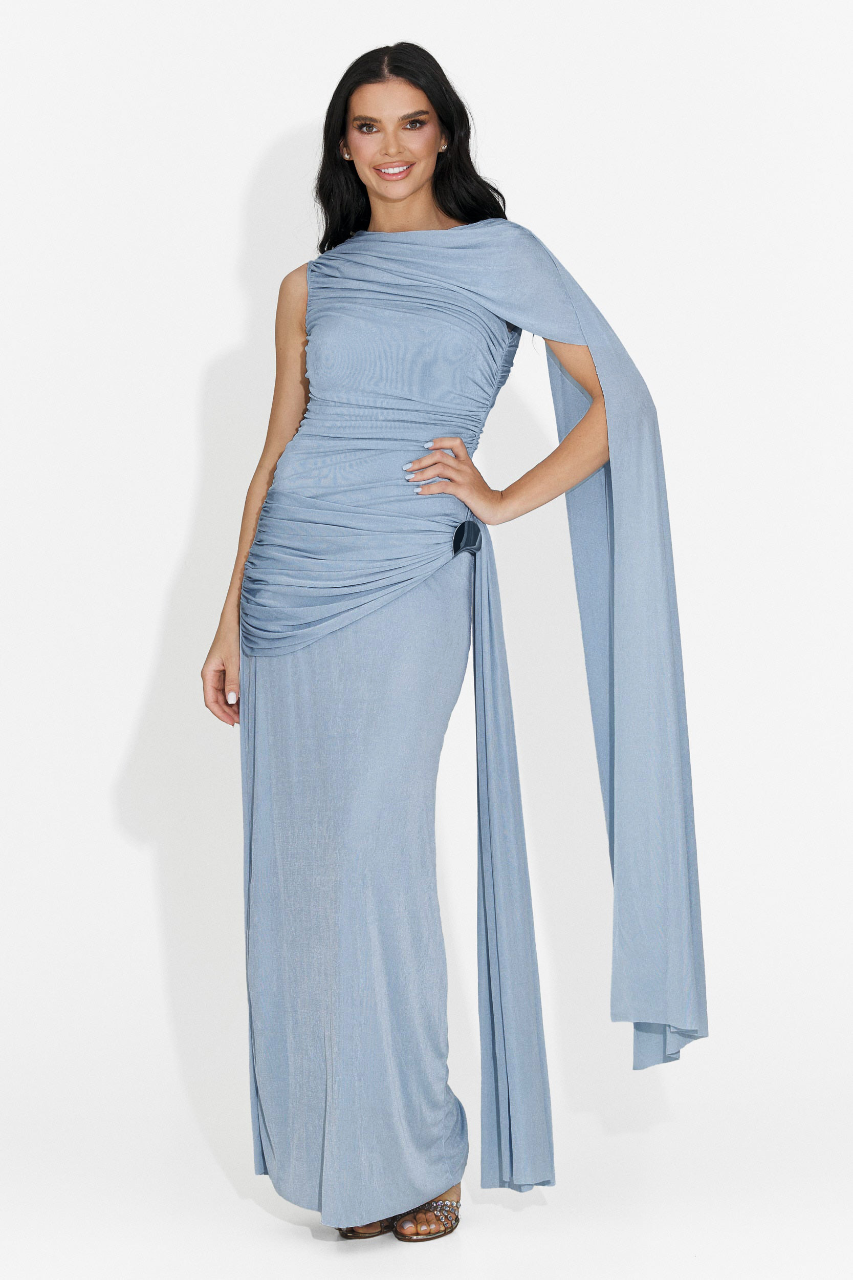 Jersey Asymmetrical Sleeve Metallic Button Gathering Bodycon Maxi Dress