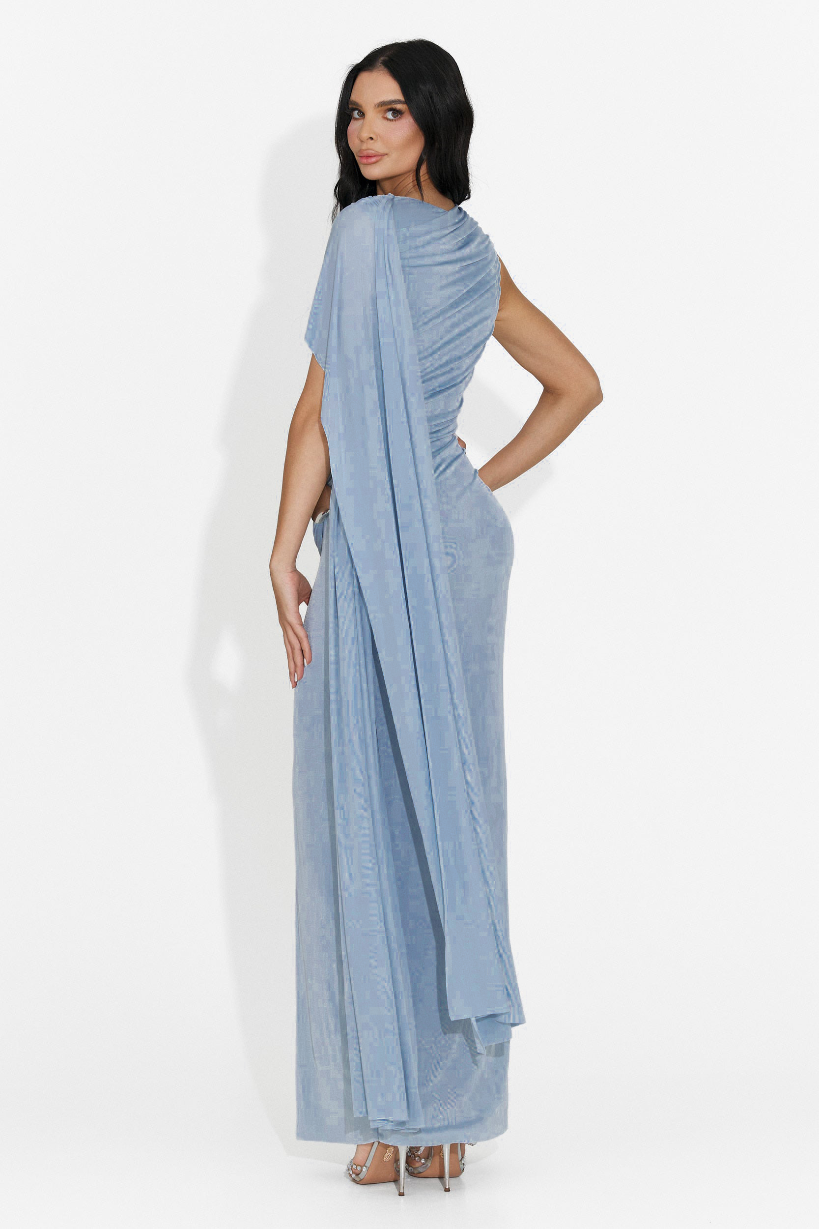 Jersey Asymmetrical Sleeve Metallic Button Gathering Bodycon Maxi Dress